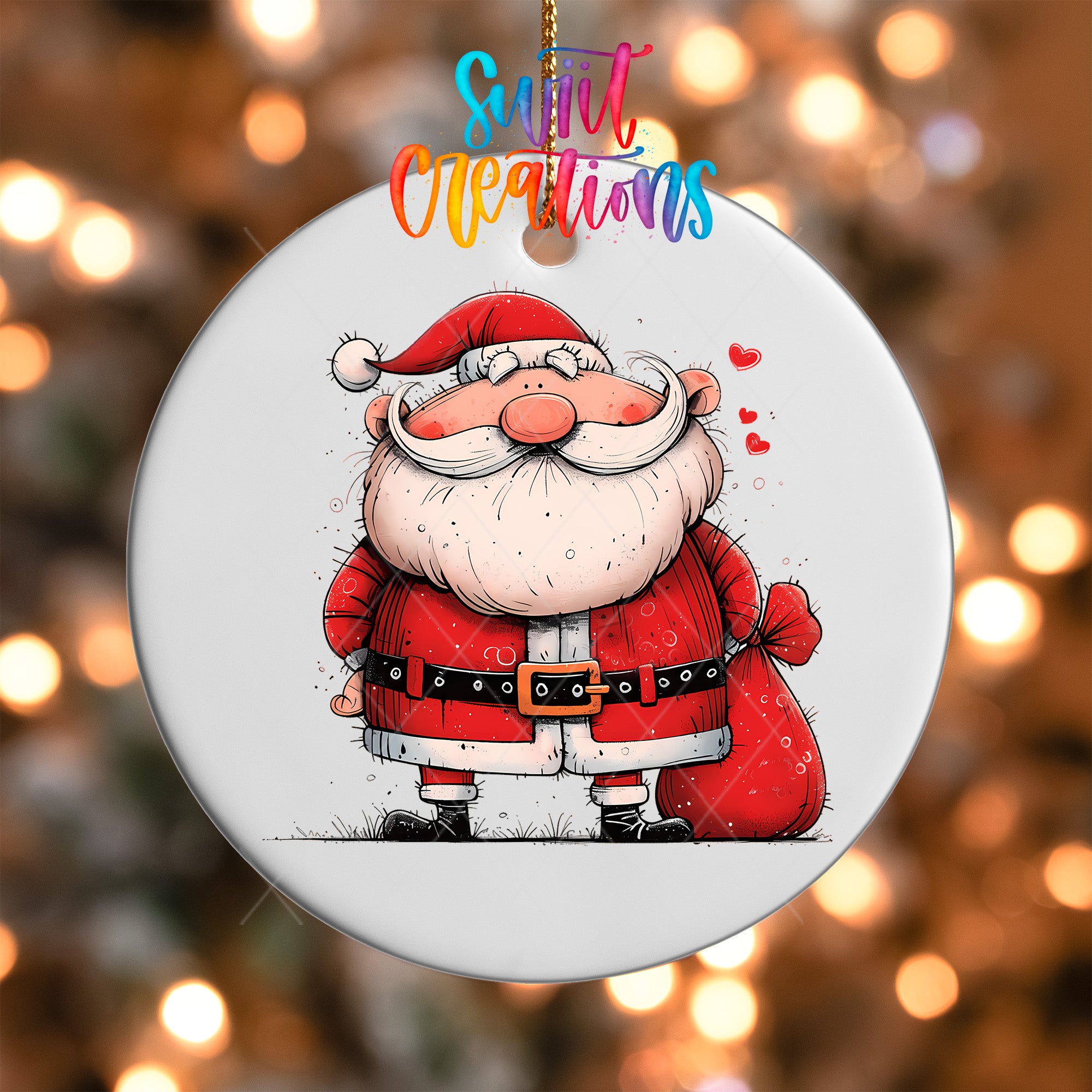 A white ornament featuring a cartoon illustration of Santa Claus with a red sack on his back.