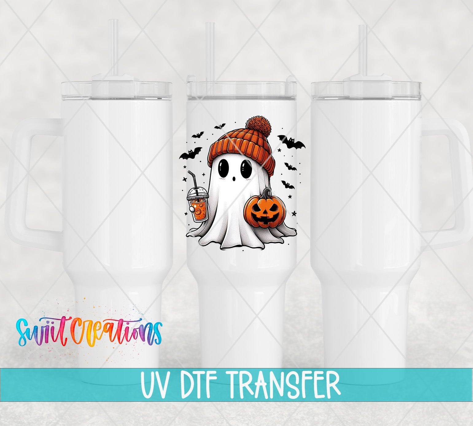 a Halloween-themed mug with a ghost wearing a hat and holding a pumpkin.