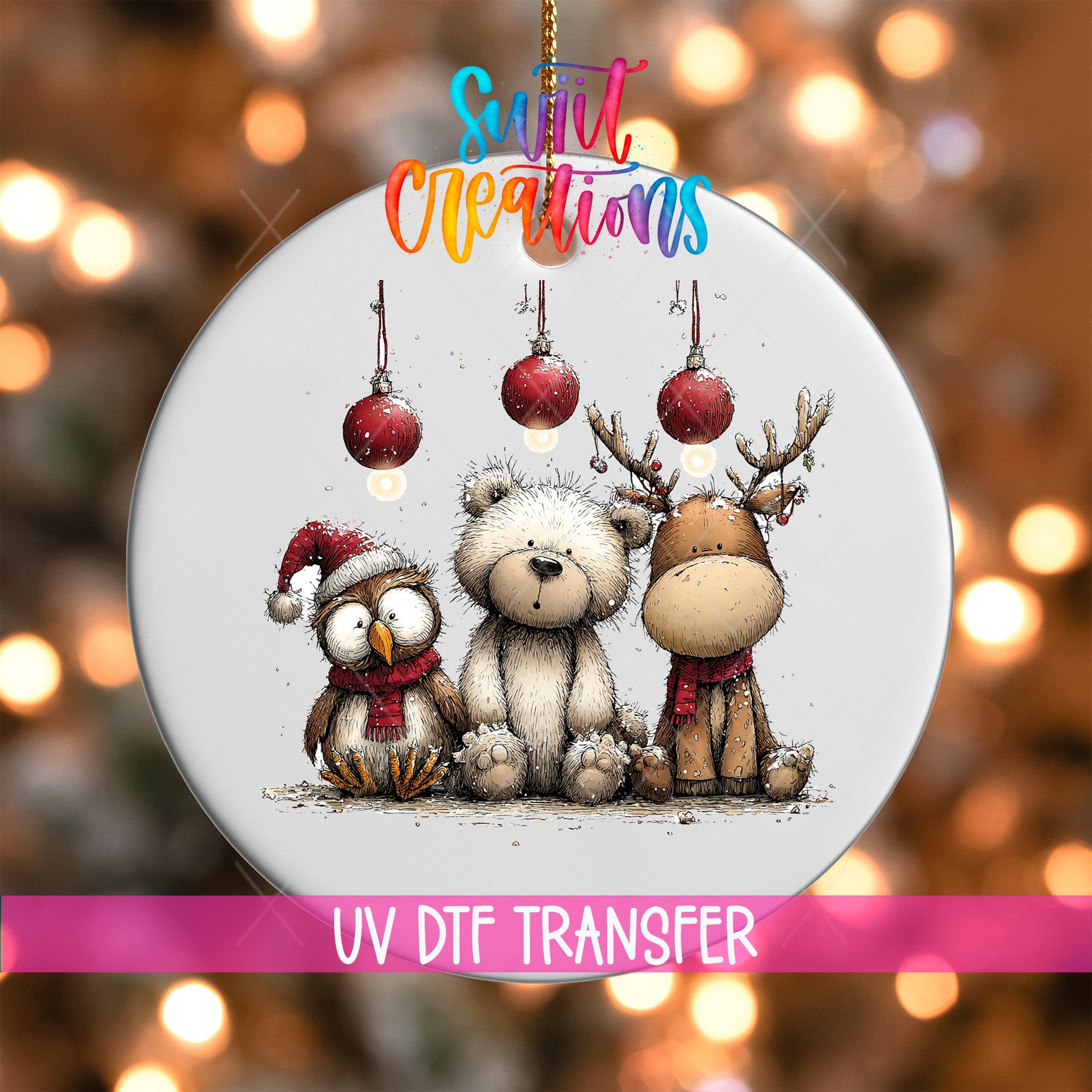 A decorative ornament featuring a white teddy bear, a reindeer, and an owl, all wearing festive Christmas attire, with Christmas lights in the background.