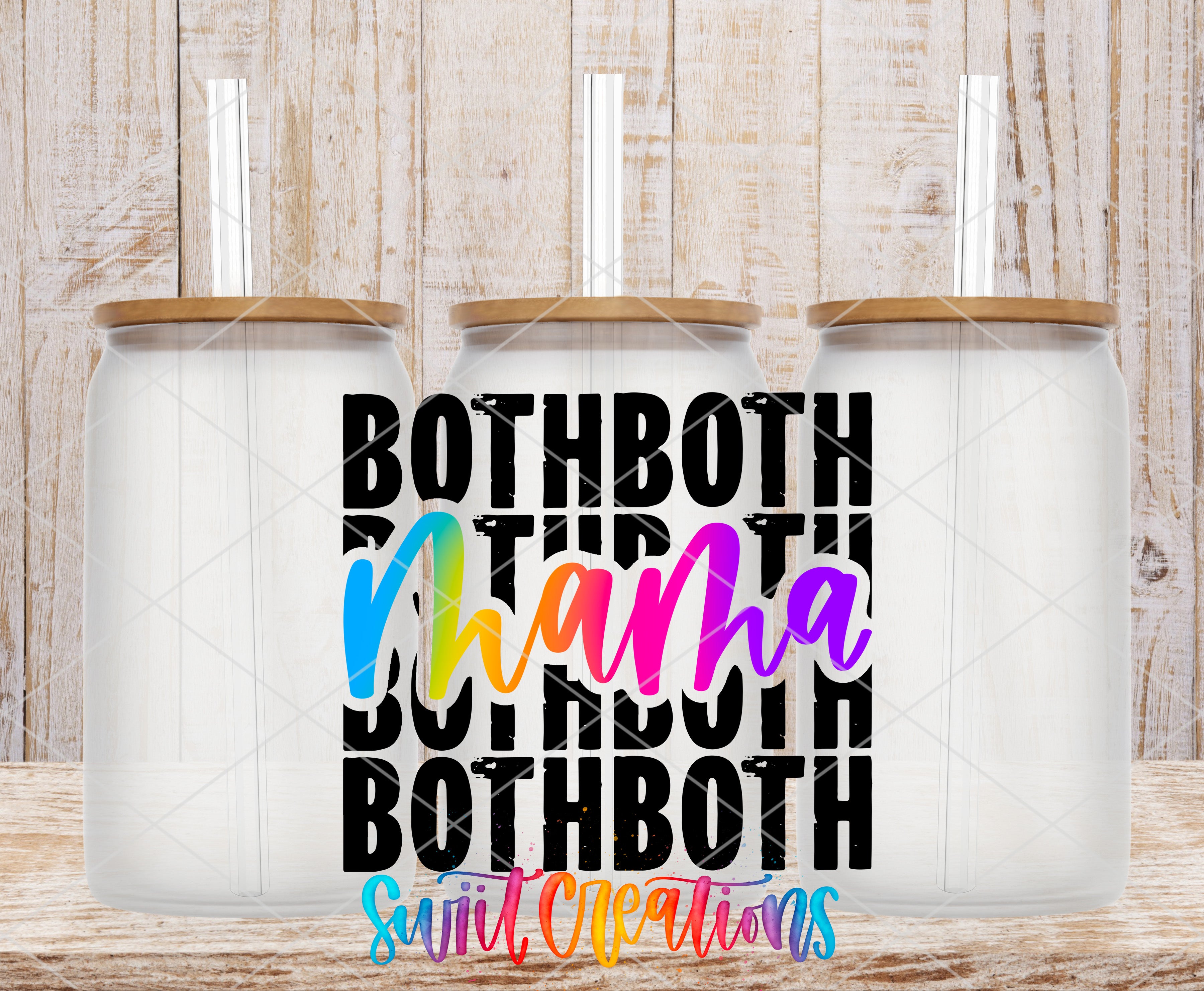 three glass jars with lids, arranged in a row against a wooden background. The text "BOTHBOTH" is prominently displayed in the center of the image, with the word "MOTHBOTH" written in a colorful, stylized font.