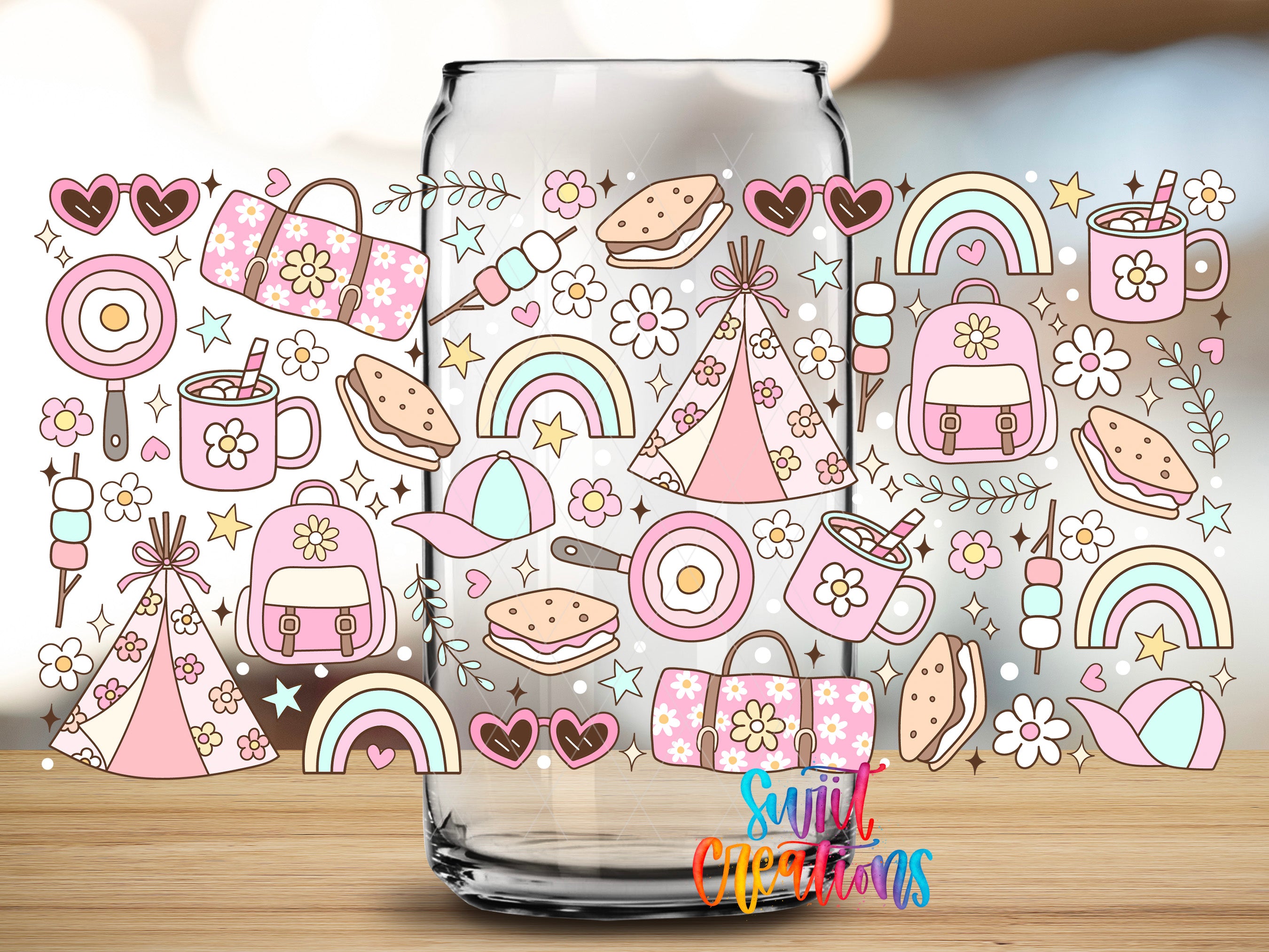 a glass jar filled with various colorful and whimsical illustrations, including flowers, hearts, stars, and other decorative elements.