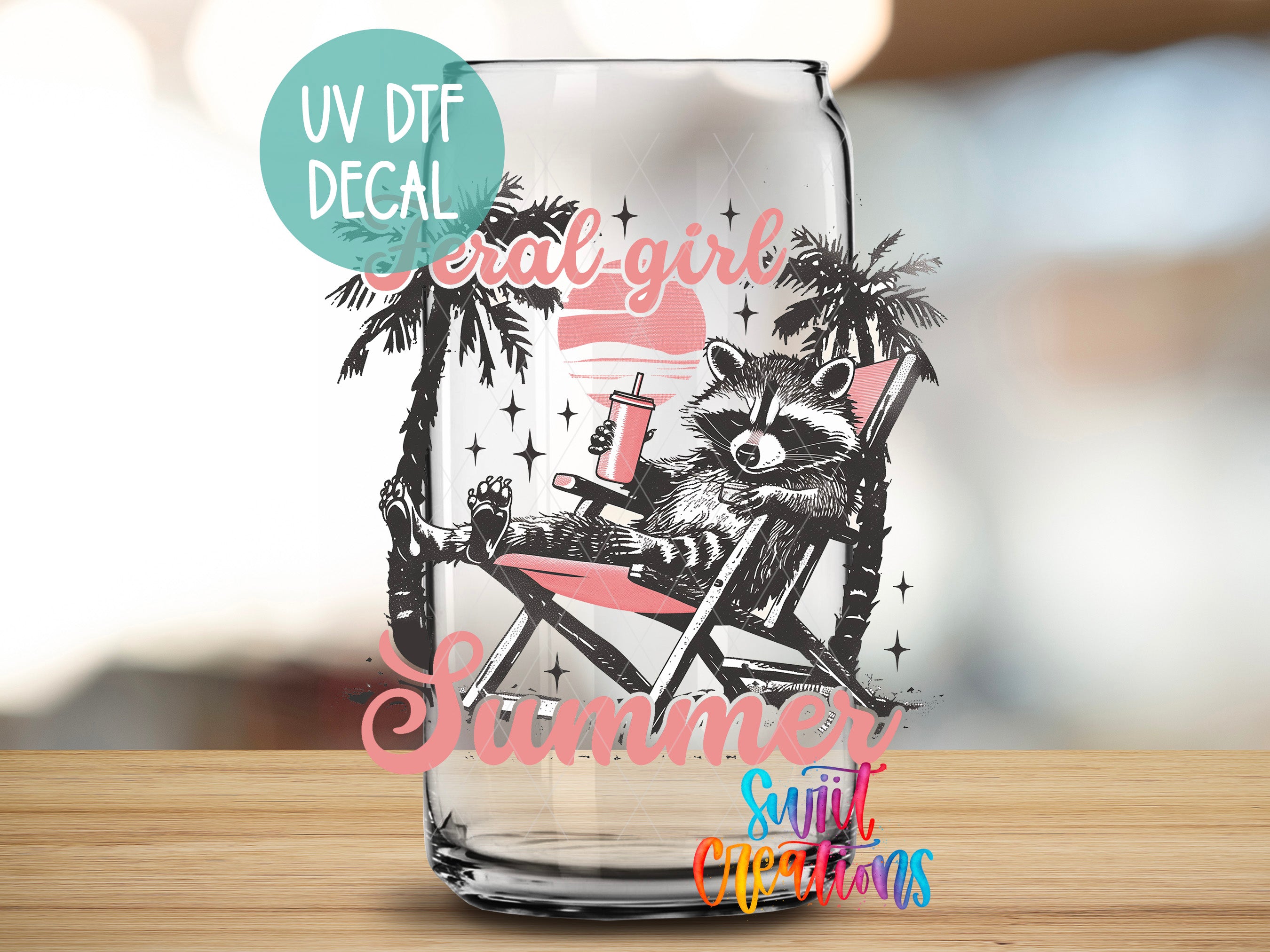 a glass with a raccoon sitting on a beach chair