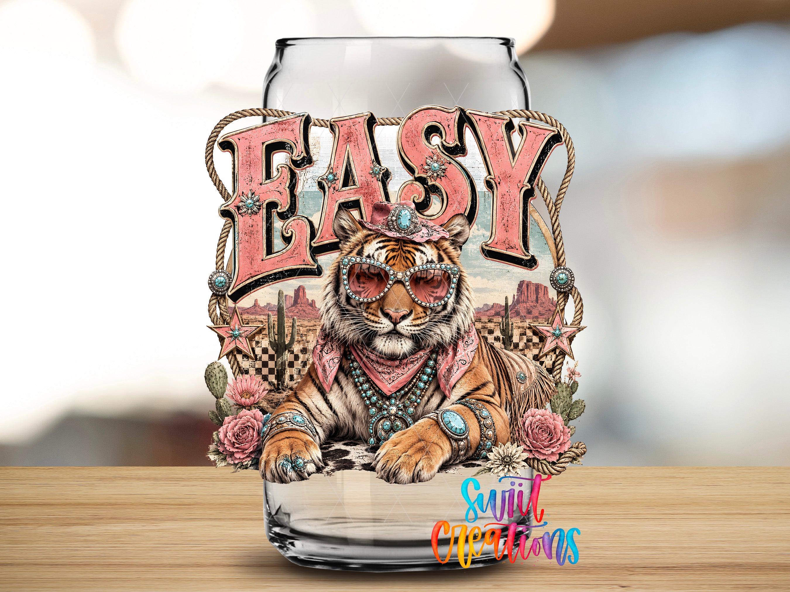 a tiger wearing sunglasses and jewelry, surrounded by flowers and a desert landscape, with the word "EASY" prominently displayed.