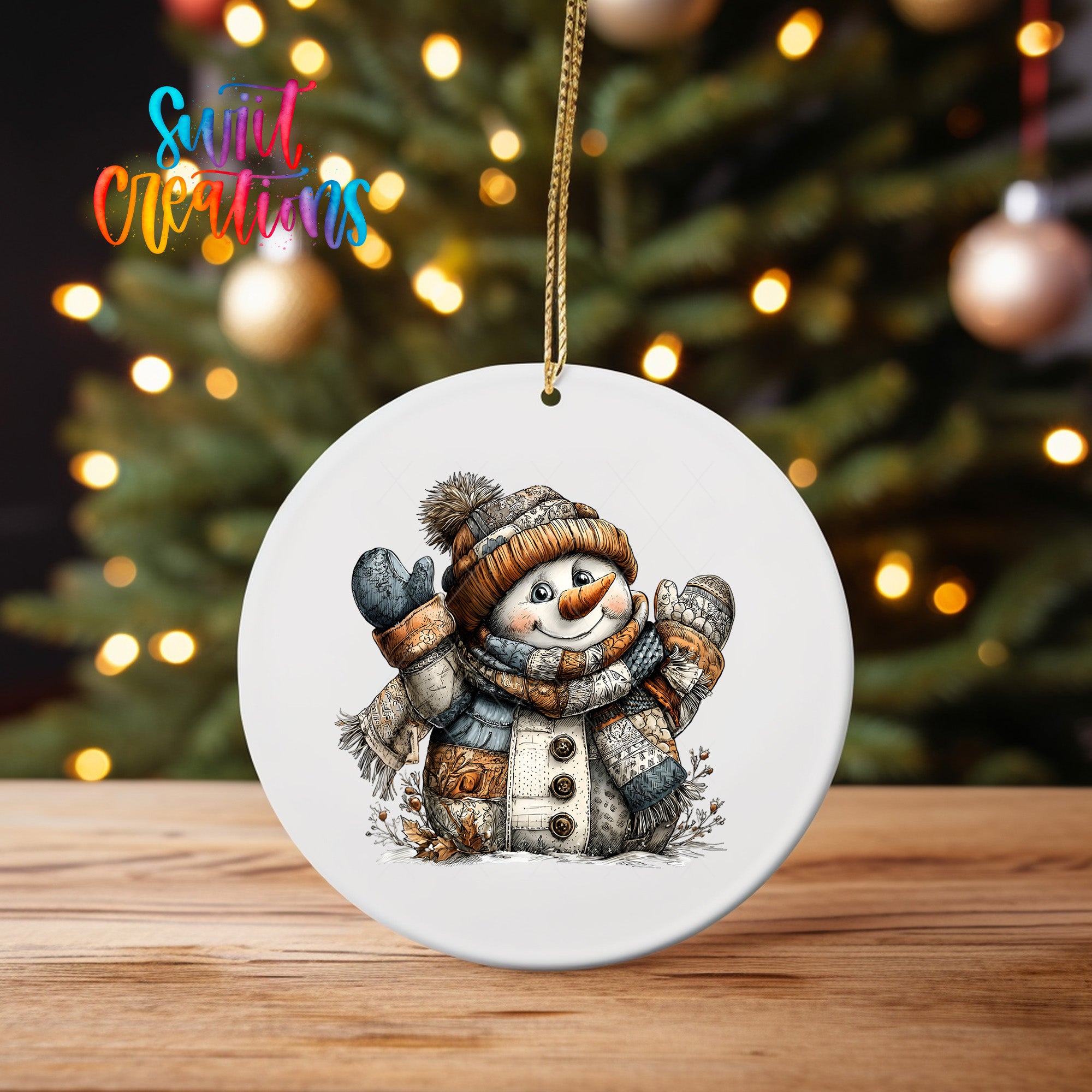 A white ceramic ornament featuring a snowman with a scarf and hat, sitting on a wooden surface in front of a blurred Christmas tree with twinkling lights.
