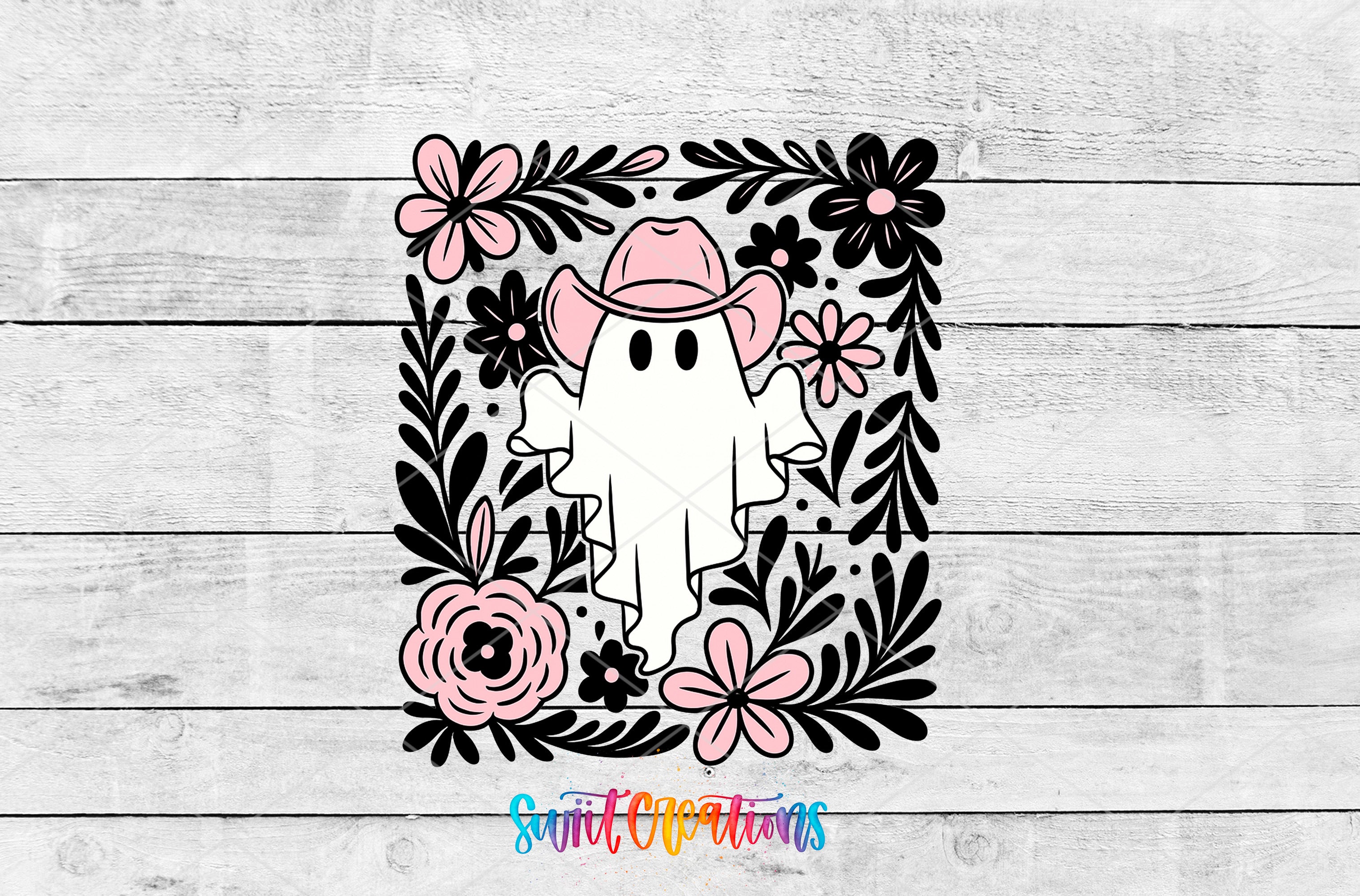 A ghost wearing a cowboy hat is surrounded by various floral elements, including pink flowers and black leaves, against a white background.
