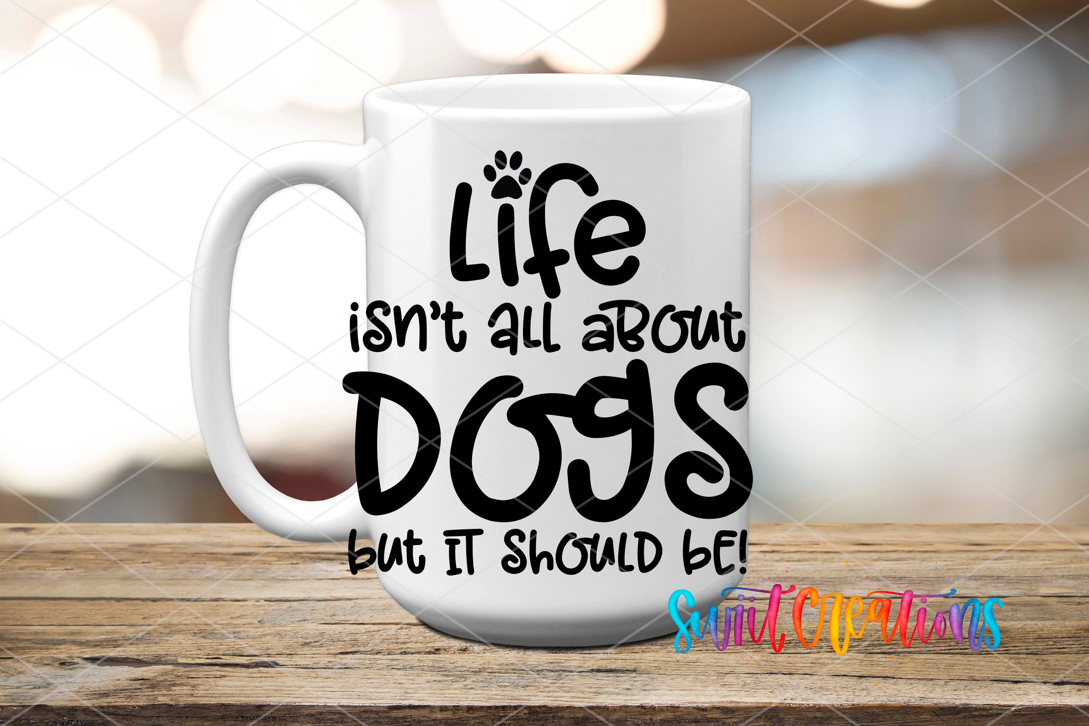 A white mug with a humorous text printed on it, sitting on a wooden surface.