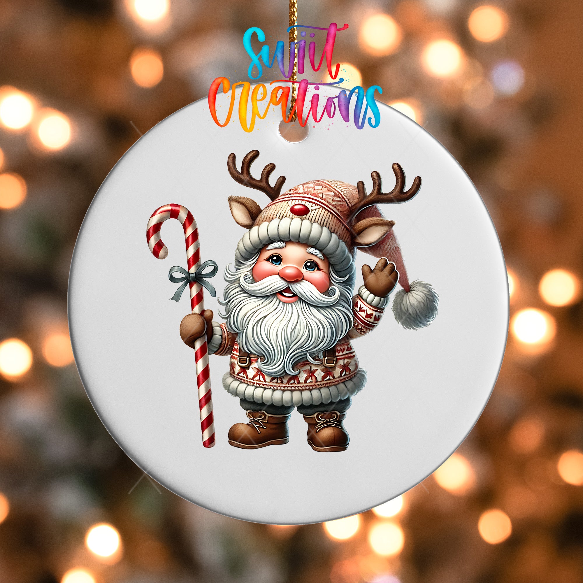 Santa Claus ornament with a candy cane and antlers, set against a blurred background of Christmas lights.