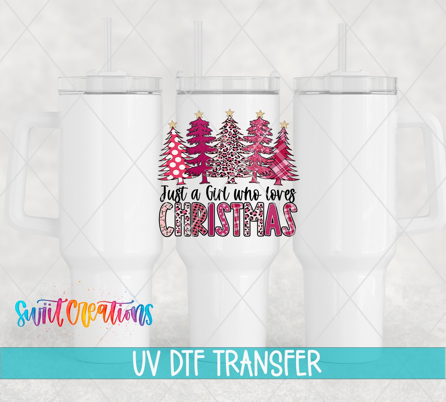 three white tumblers with a Christmas tree design and text printed on them.