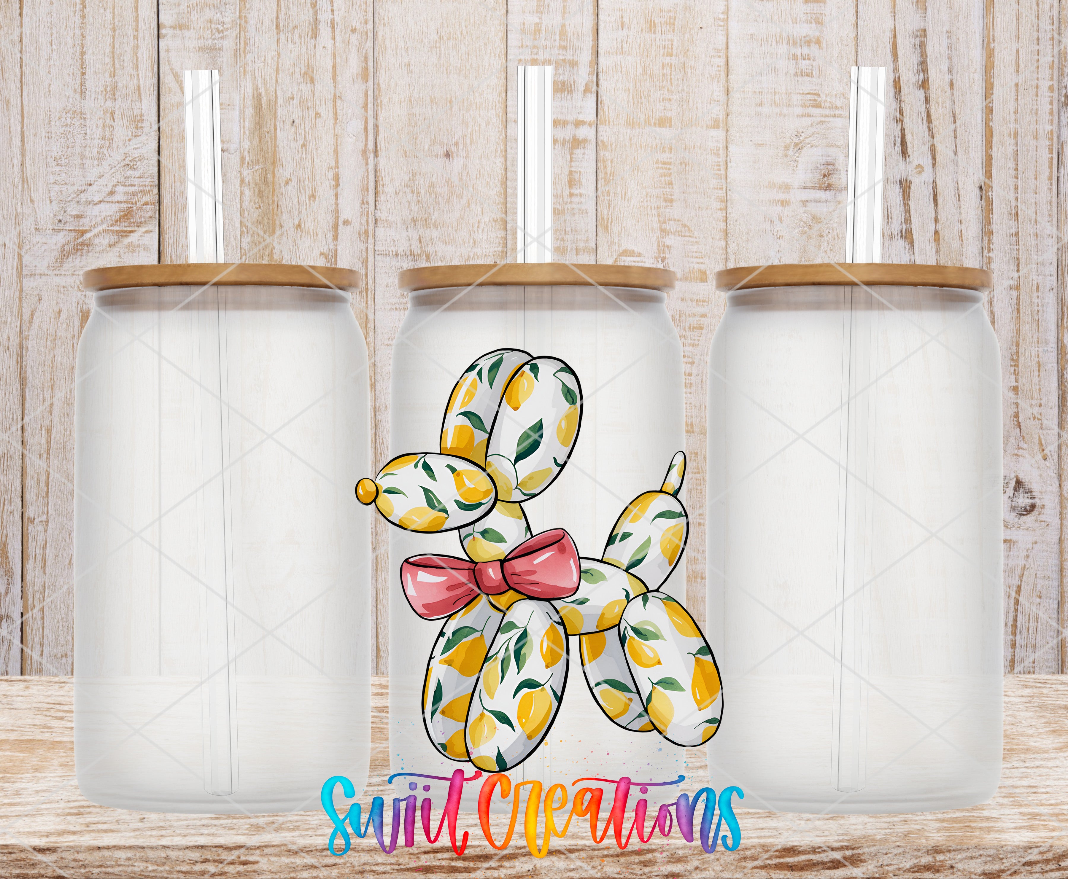 three glass jars with a colorful balloon dog design on them, placed on a wooden surface.
