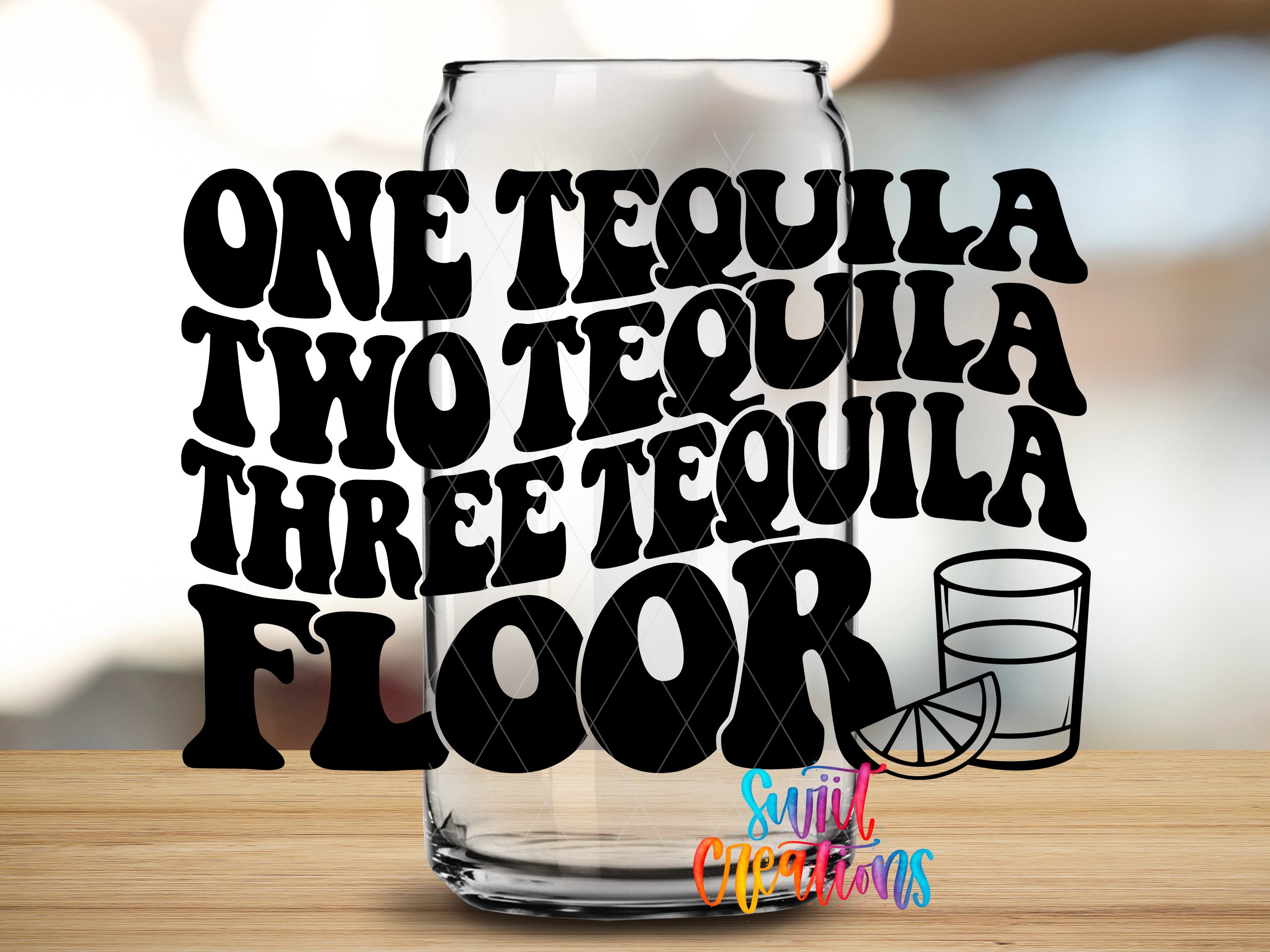 a large text overlay that reads "ONE TEQUILA TWO TEQUILA THREE TEQUILA FLOOR" in a stylized font. Below the text, there is a graphic of a glass with a lime wedge, suggesting a drink.