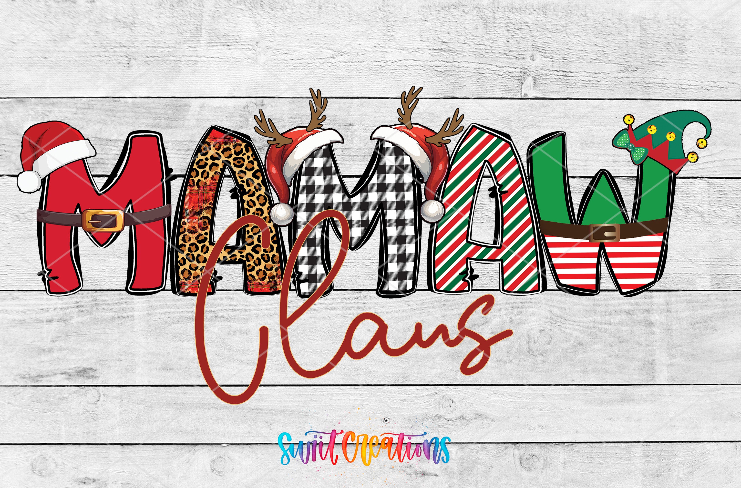 a creative and colorful design with the word "MAMMA CLANS" spelled out using various holiday-themed elements such as Santa hats, reindeer antlers, and a Christmas tree.
