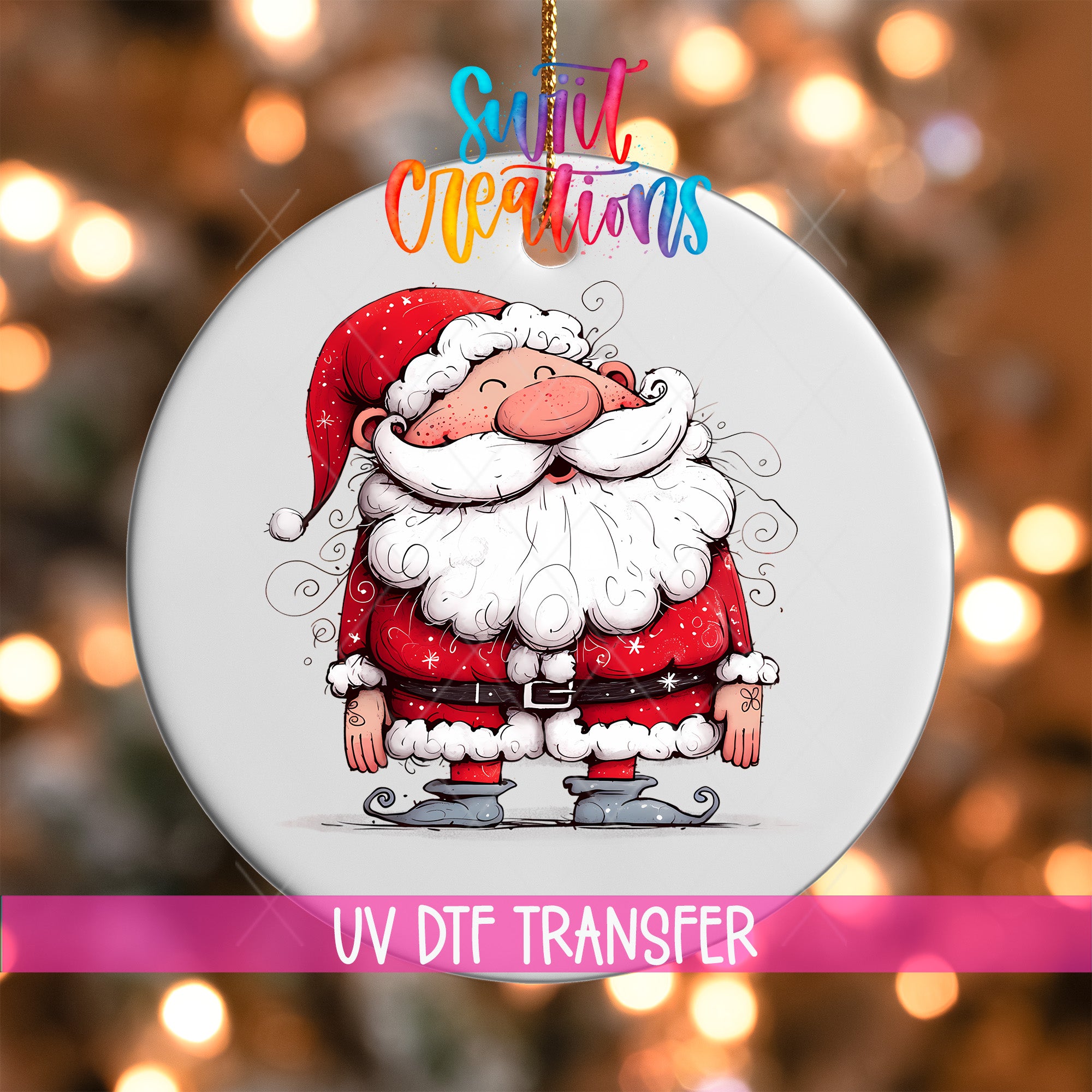 A round ornament featuring a cartoon Santa Claus character with a red suit, white beard, and hat.