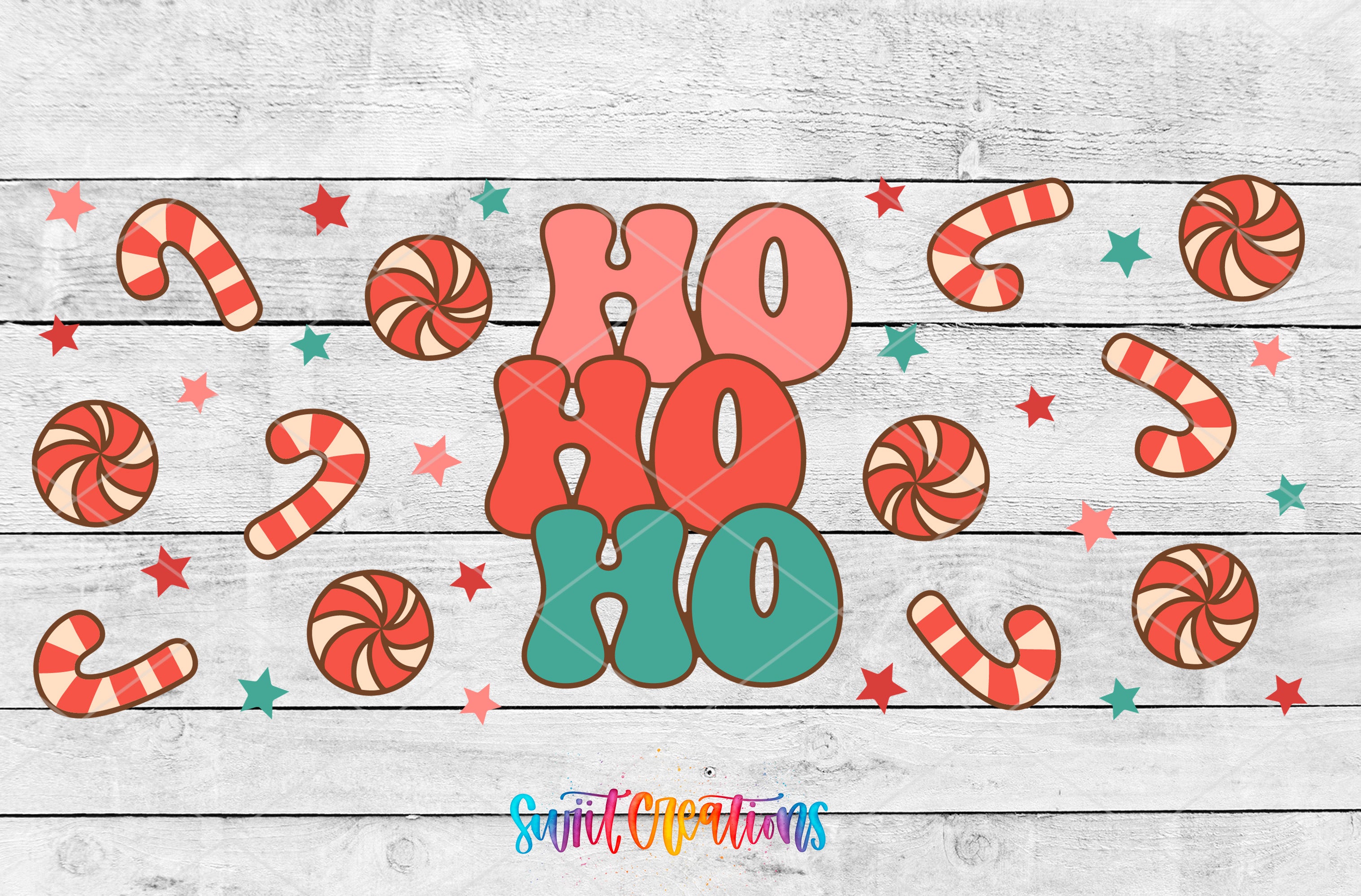 a festive scene with the phrase "HO HO" prominently displayed in the center, surrounded by various candy and star-shaped decorations.