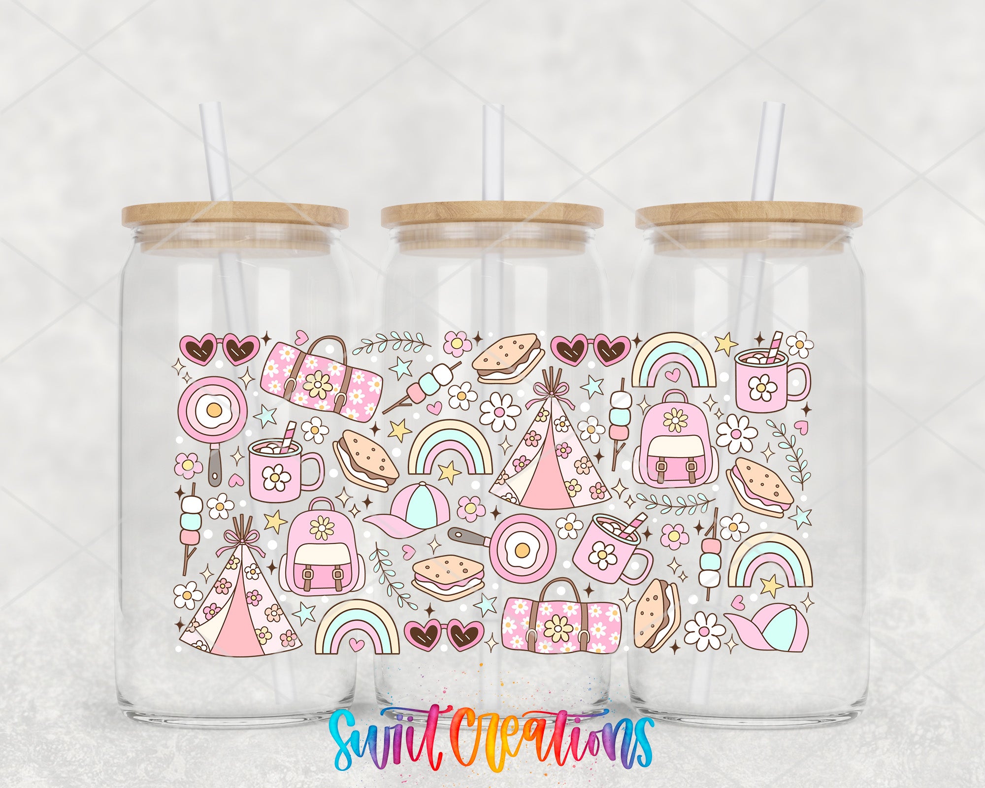 A collage of three glass jars with wooden lids, each containing straws and decorated with various colorful illustrations, including flowers, rainbows, and other whimsical objects.