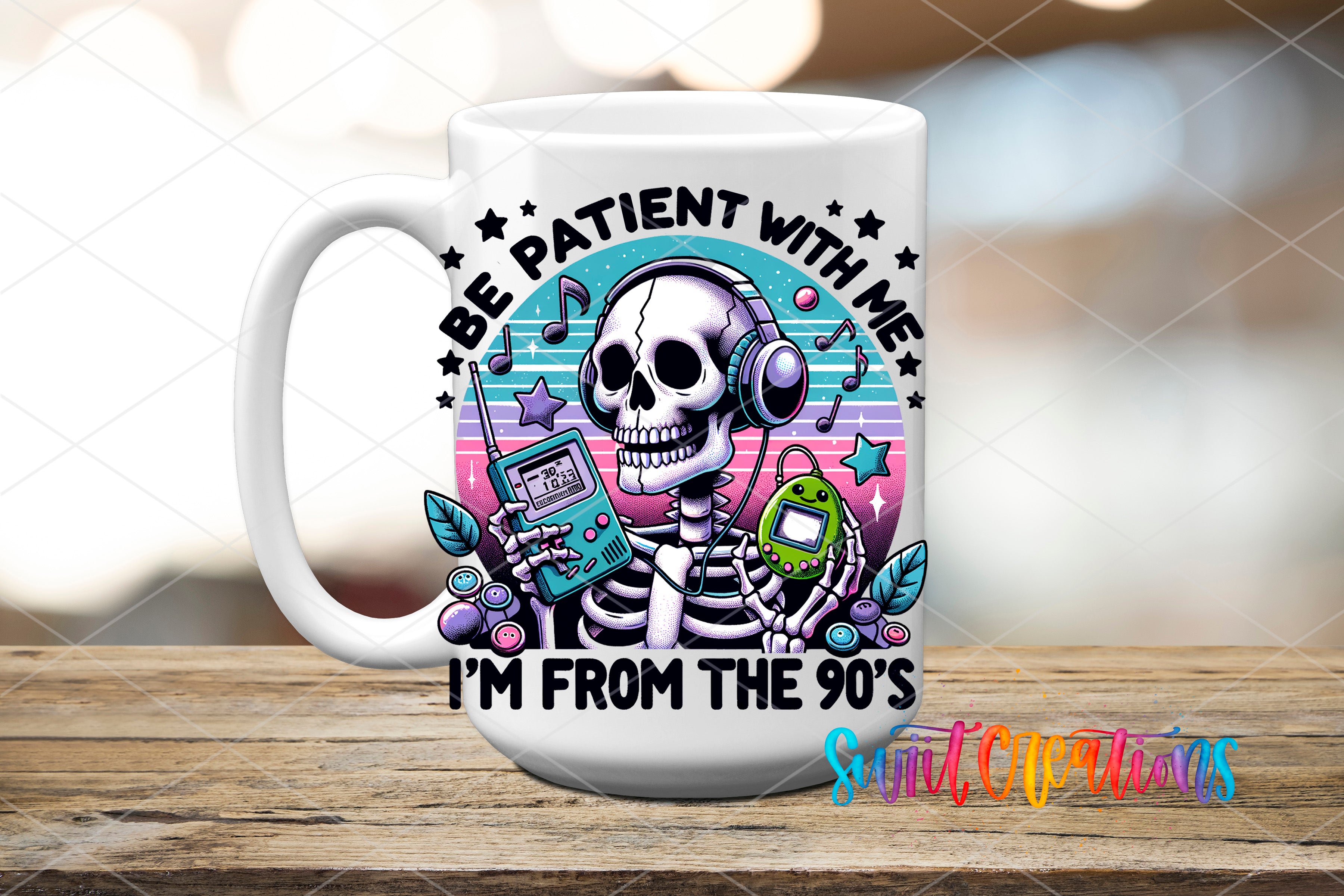 A white ceramic mug with a colorful and whimsical design featuring a skeleton wearing headphones and holding a green object, surrounded by musical notes and stars.