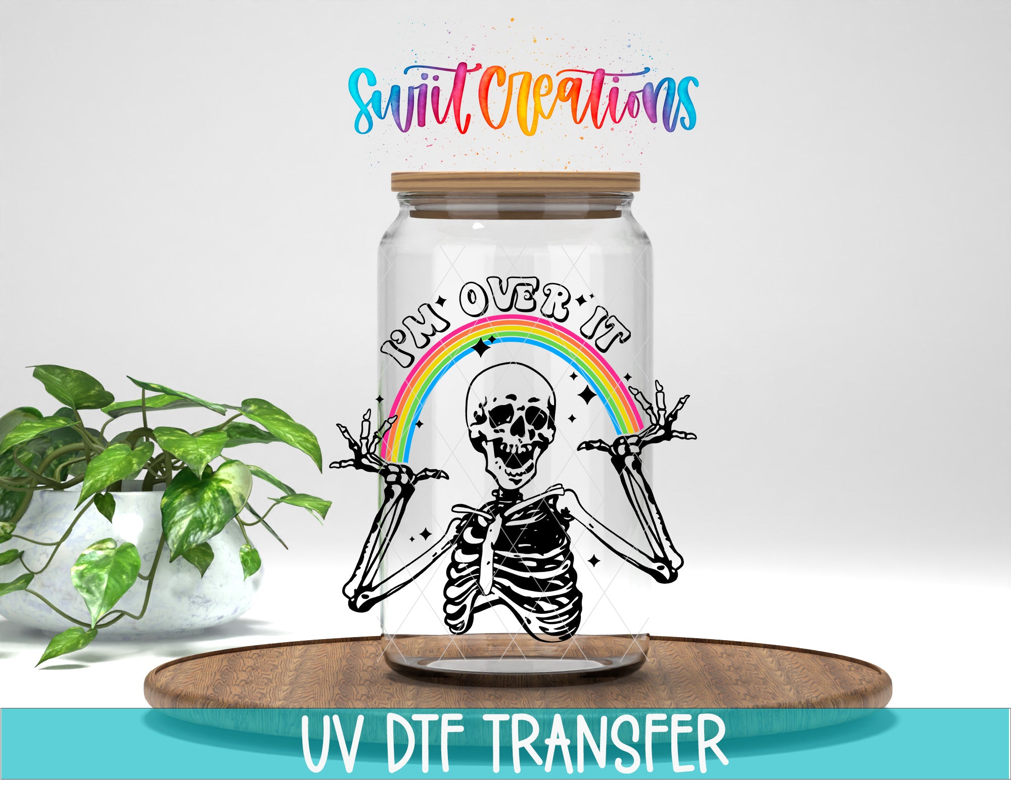 a skeleton wearing a rainbow hat and holding a rainbow-colored wand, with the text "I'm over it" written above it.