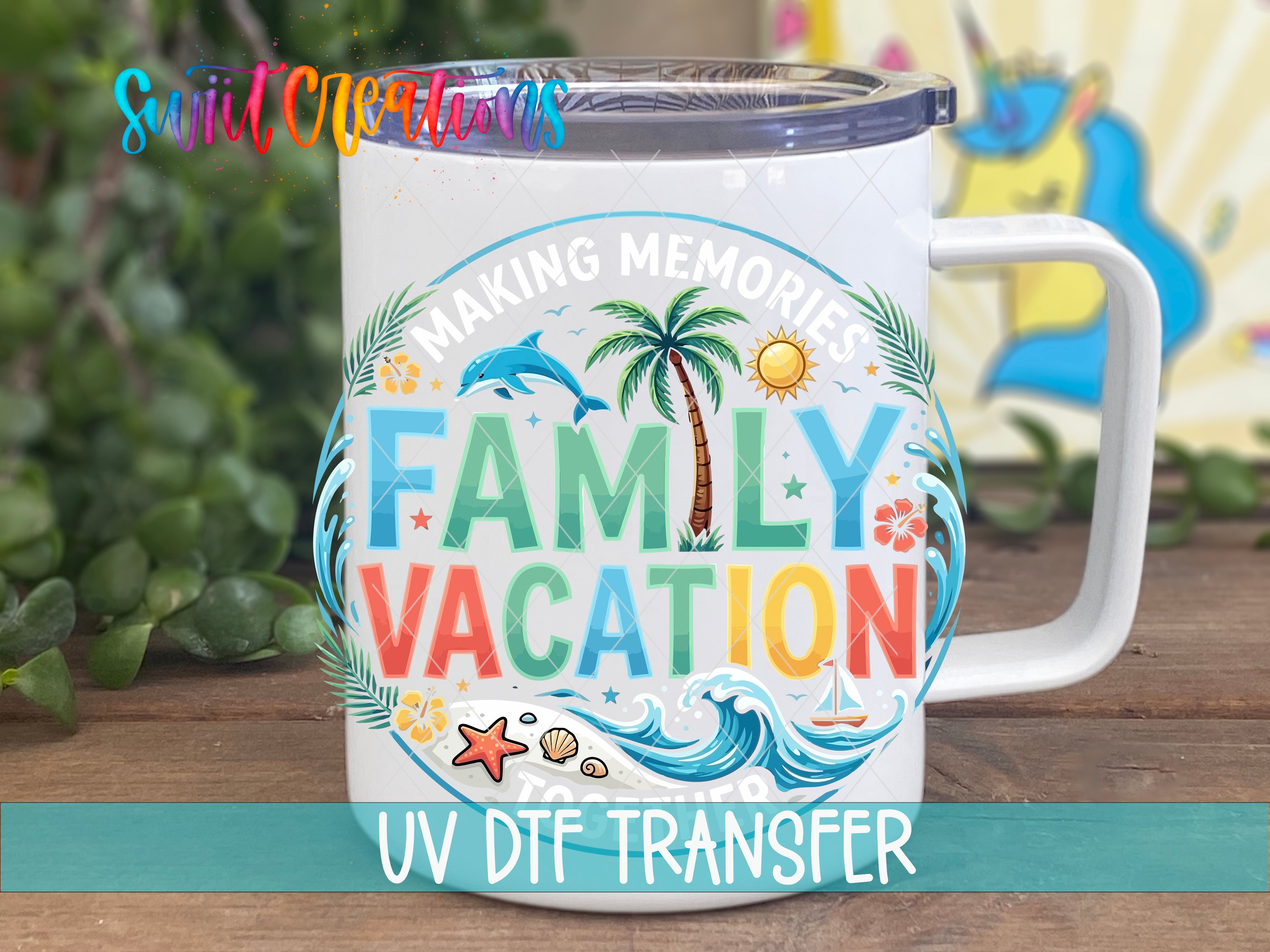A white mug with a colorful design featuring a family vacation theme, including a palm tree, waves, and other beach-related elements.