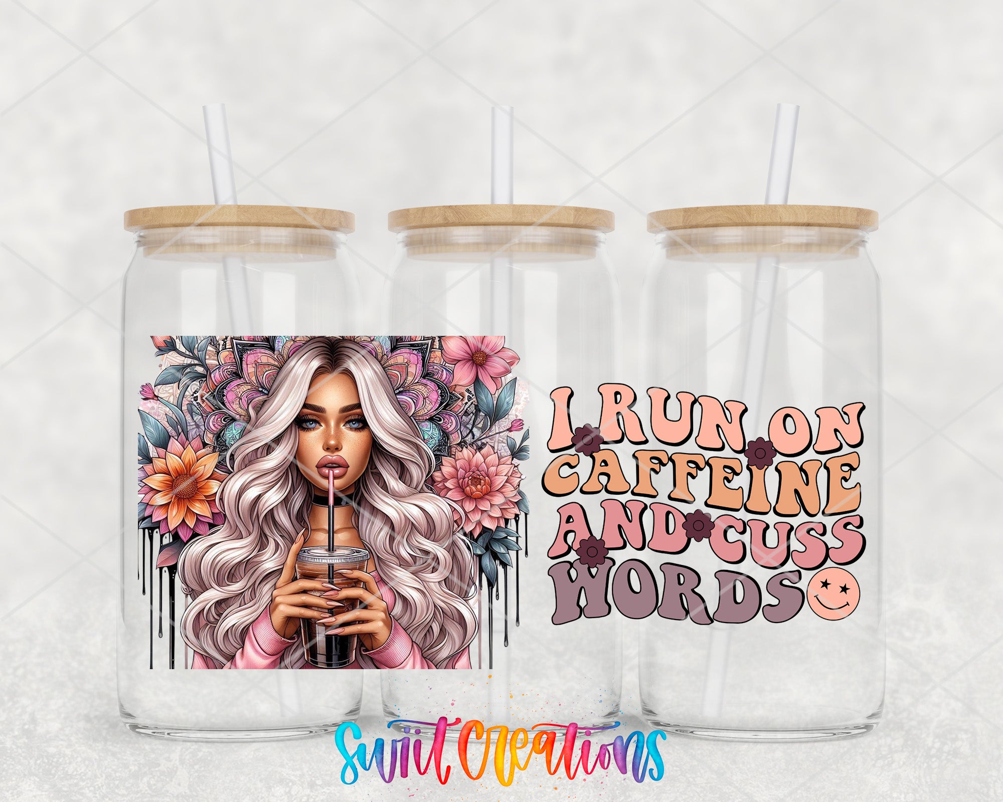 a woman with long, flowing hair holding a drink, surrounded by colorful flowers. The text on the image reads "I run on caffeine and cuss words".