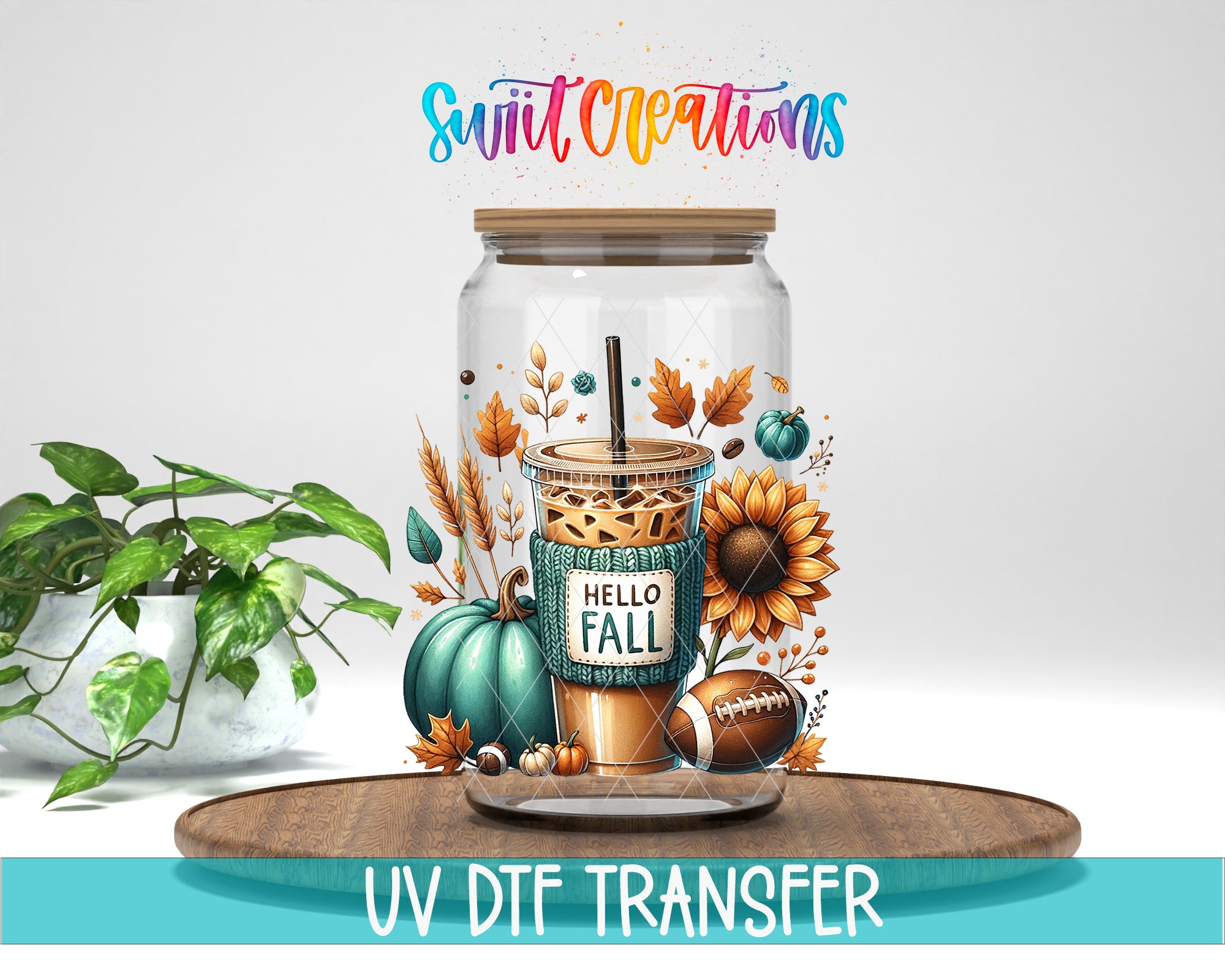 a glass jar with a coffee cup inside, surrounded by autumn-themed decorations such as pumpkins, sunflowers, and leaves. The jar is placed on a wooden surface, and there is a potted plant in the background. The image also includes text that says "Swit Creations" and "UV Dtf Transfer".