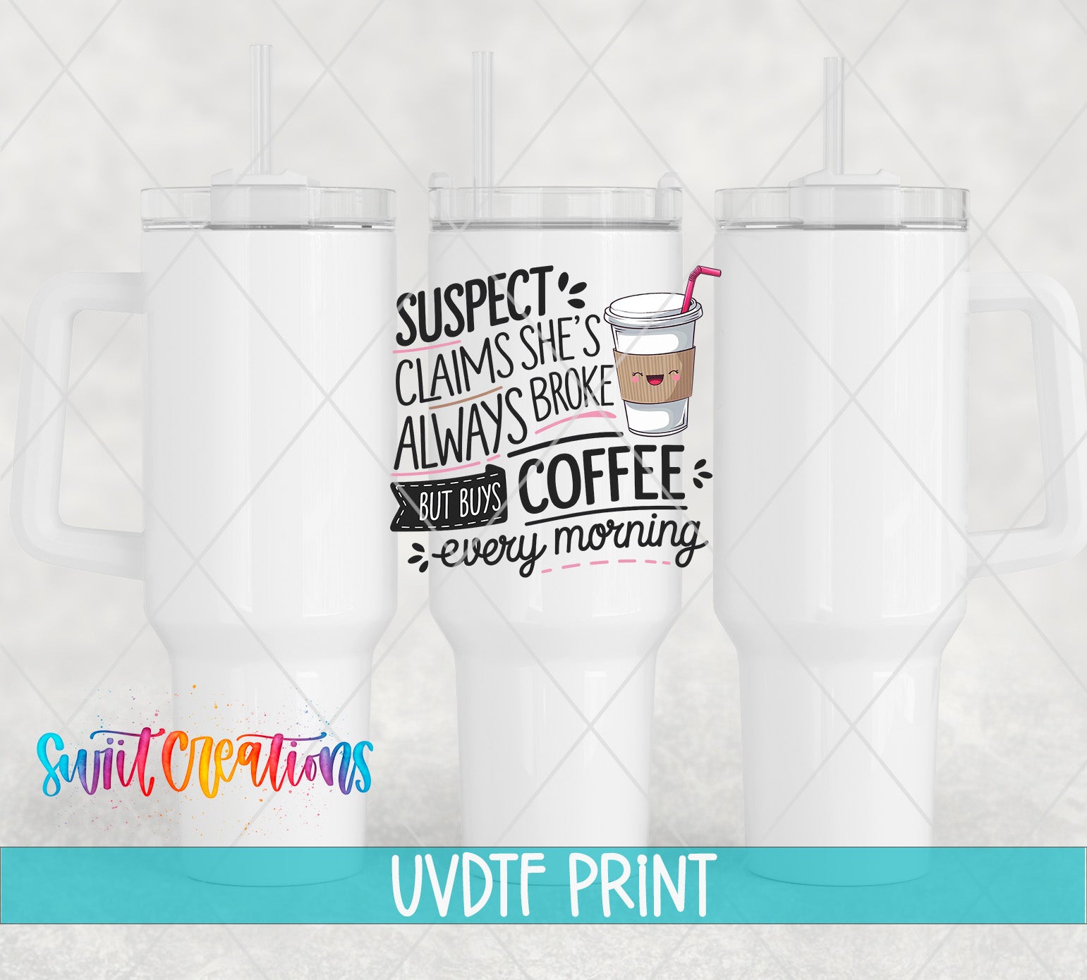 a white ceramic mug with a printed design on it, including text and a coffee cup icon.