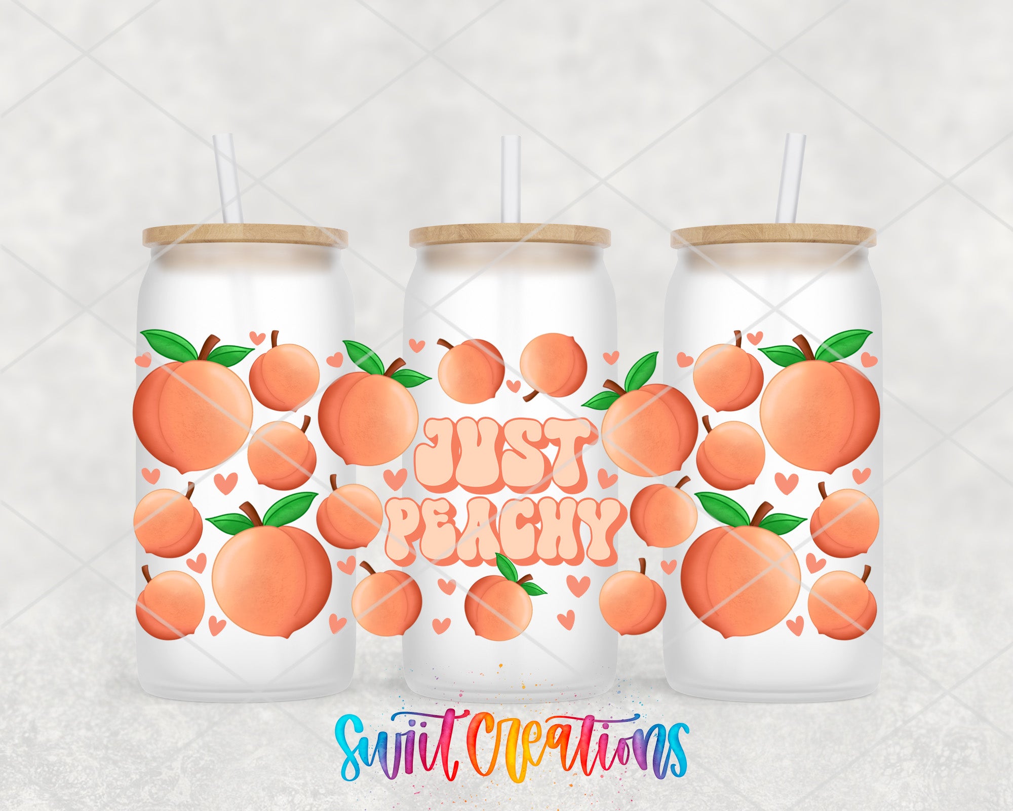 three glass bottles with peach and heart designs, each containing a straw. The text on the bottles reads "Just Peachy" and "Swift Creations".