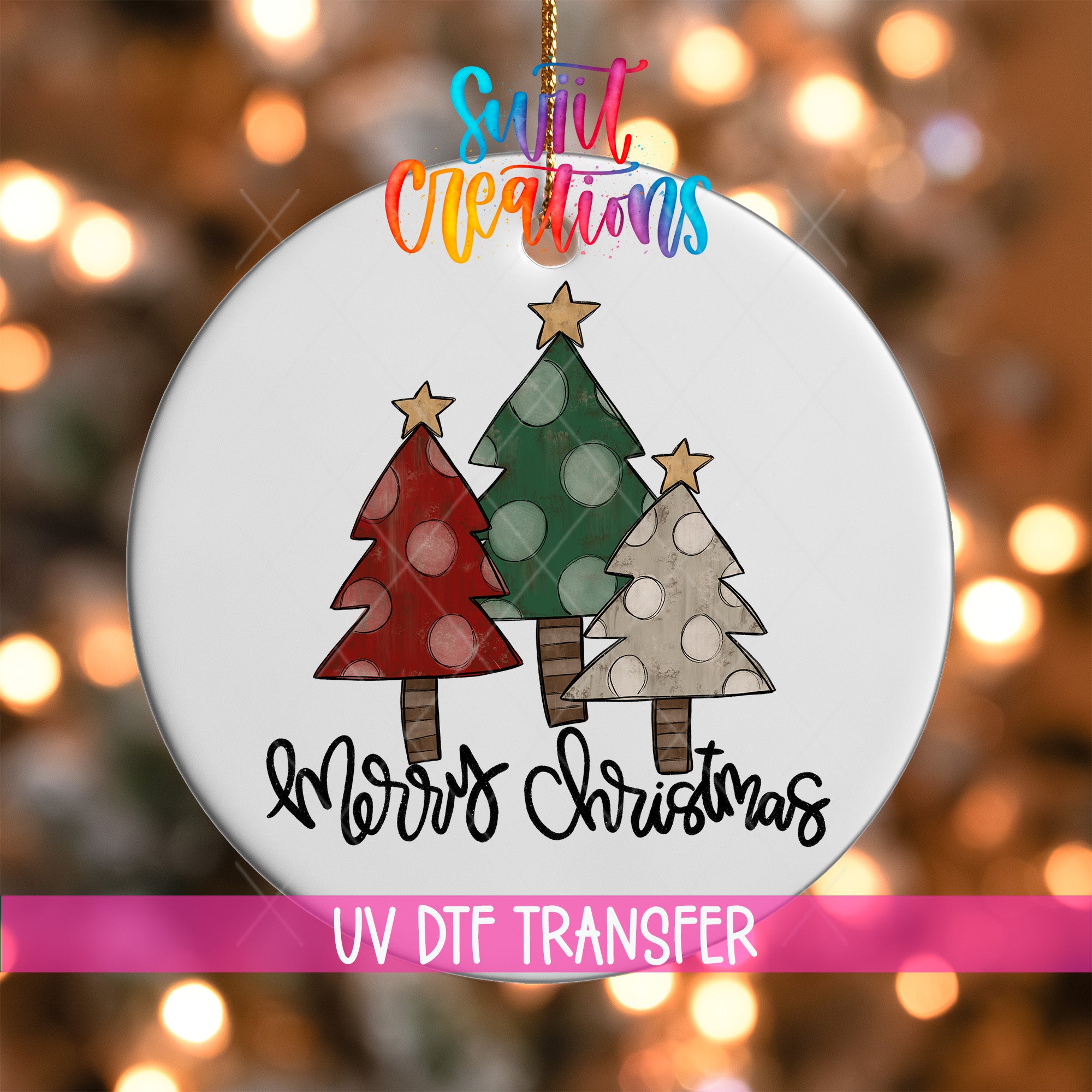 A Christmas ornament with three decorated trees, each with a star on top, and the text "Merry Christmas" written below them.