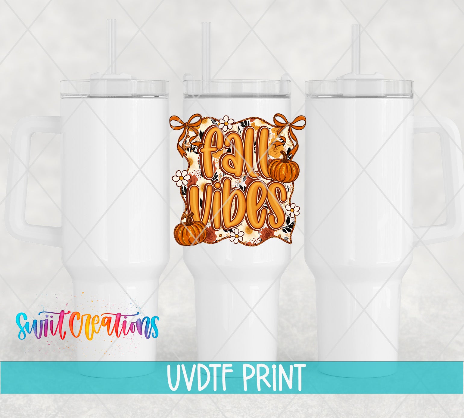 three white tumblers with a fall-themed design on them.