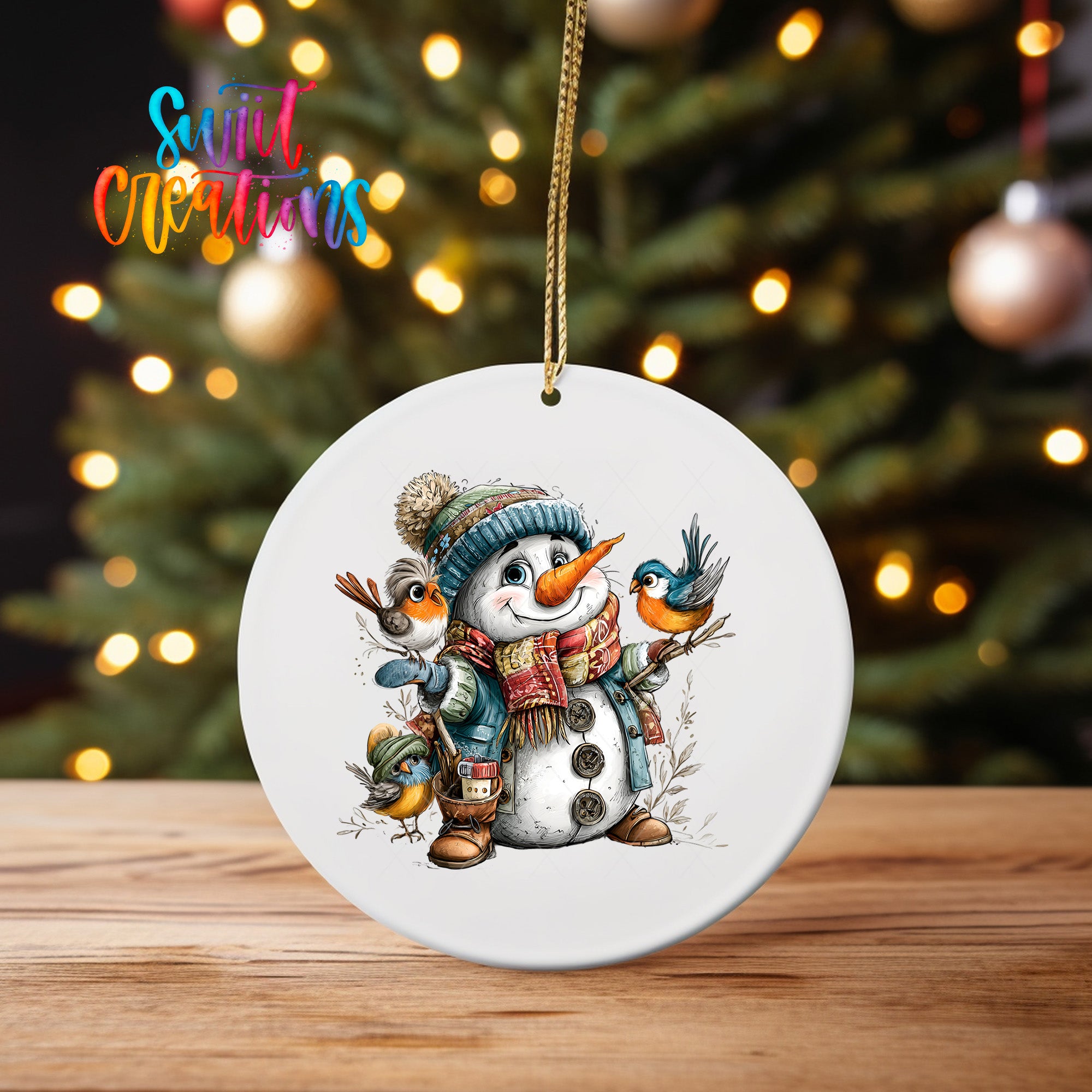 A white ceramic ornament featuring a snowman with a carrot nose, surrounded by birds, is displayed on a wooden surface against a blurred background of Christmas lights.