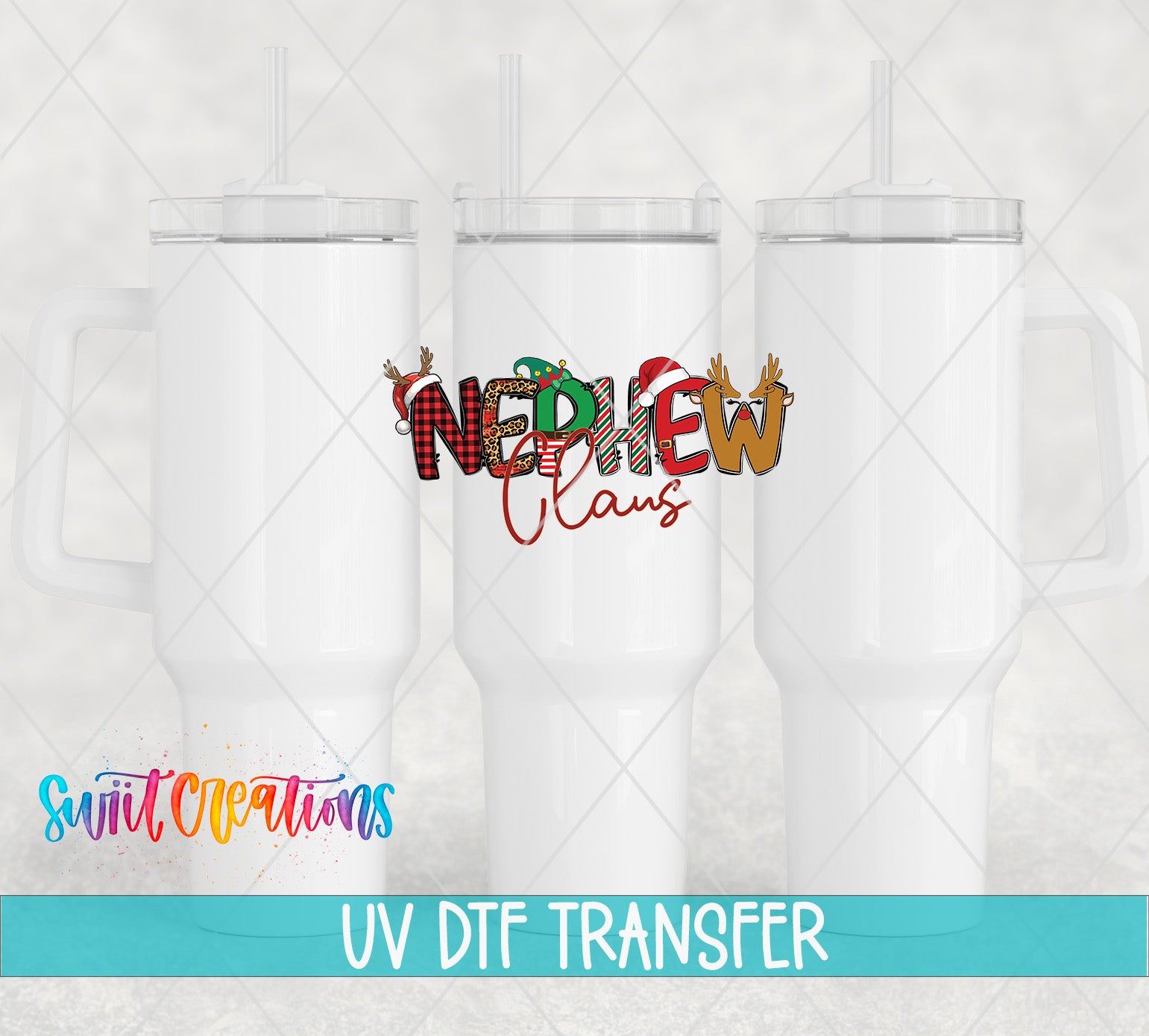 three white tumblers with a colorful, festive design on them, including a Christmas-themed design.