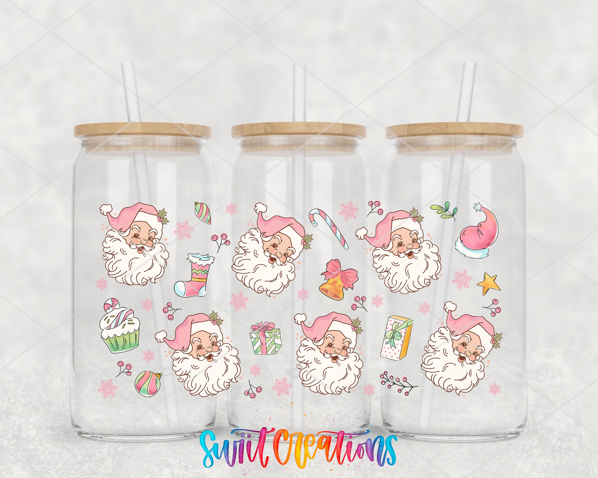 Three glass tumblers with a festive Christmas-themed design featuring Santa Claus and various holiday-related items such as cupcakes, candy canes, and presents.