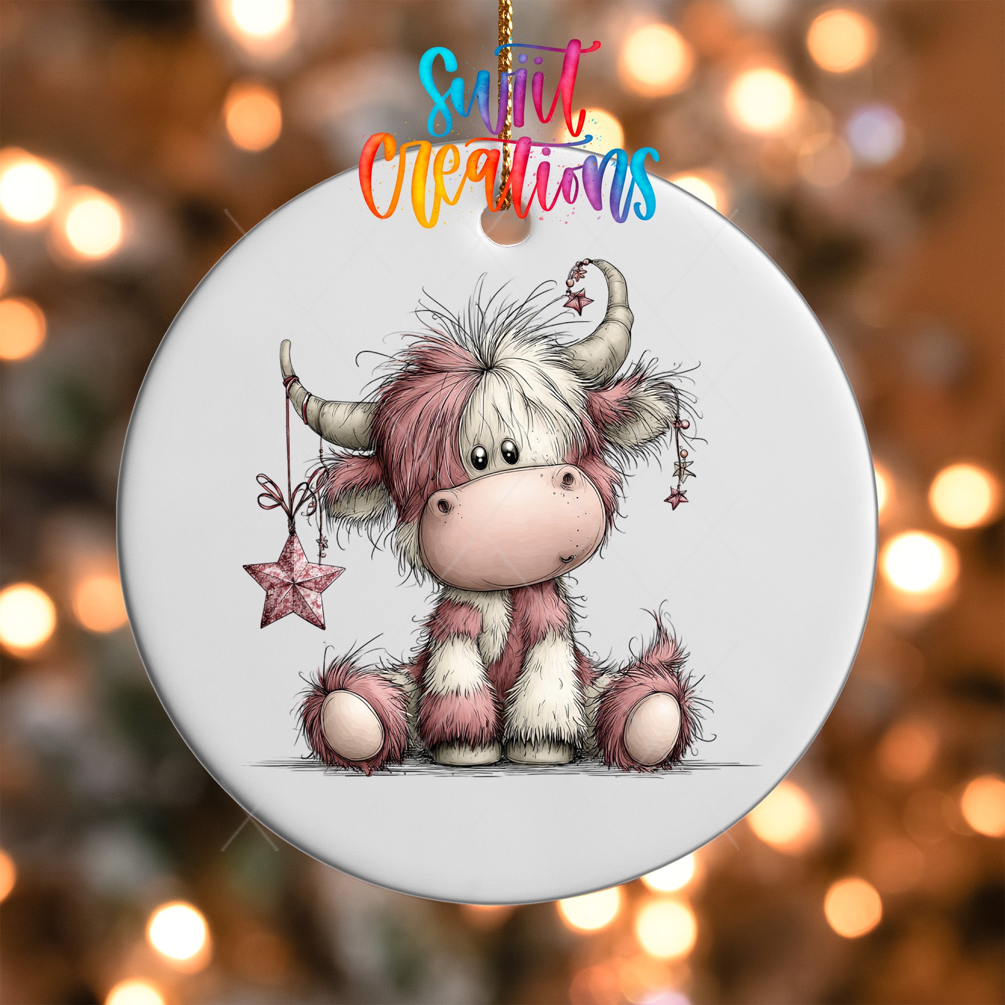 A white ceramic ornament featuring a cute, furry pink cow with horns and a star, hanging against a background of colorful lights.
