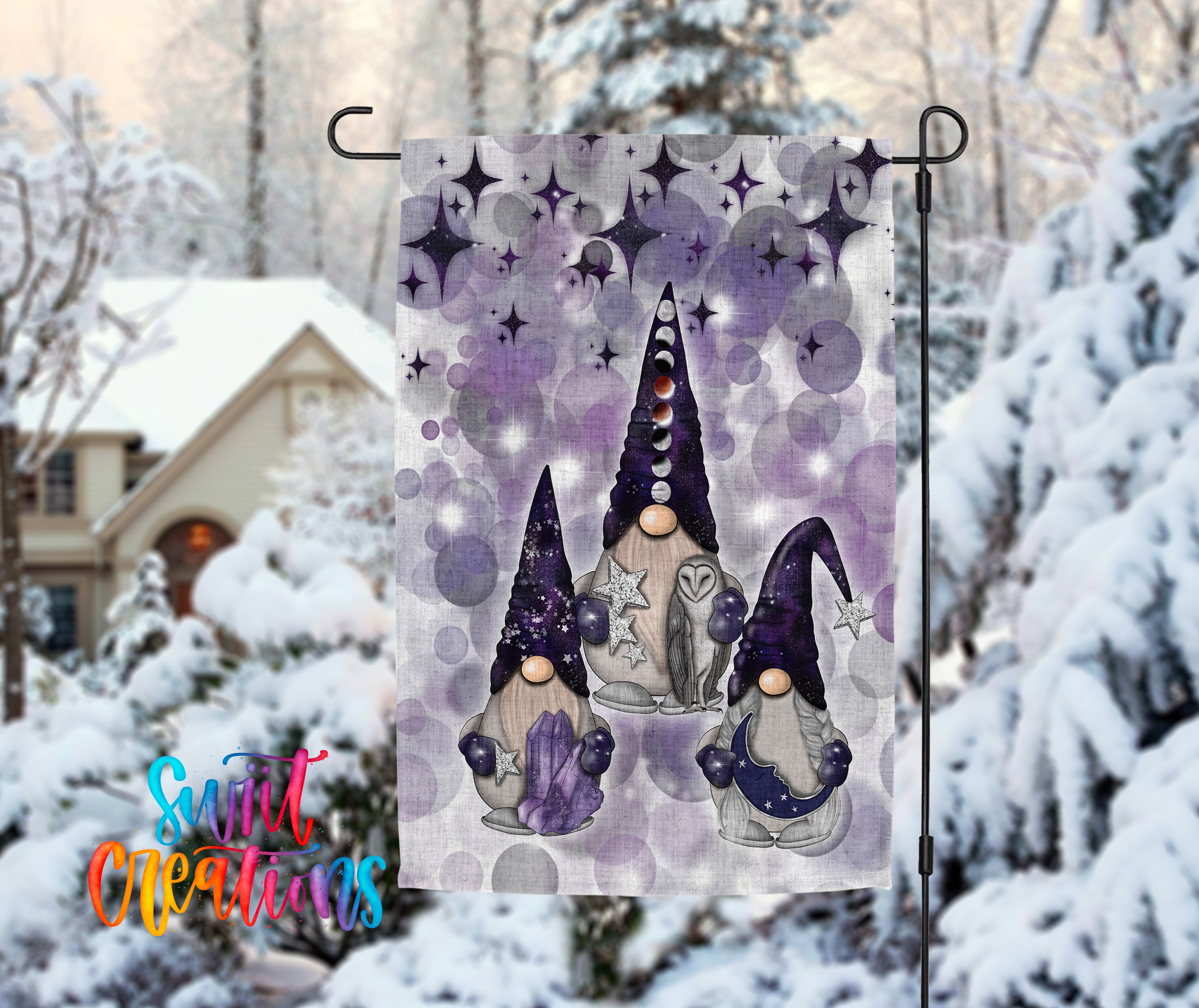 A banner featuring three gnomes with purple hats and starry night sky backgrounds, set against a snowy winter landscape with a house and trees in the background.