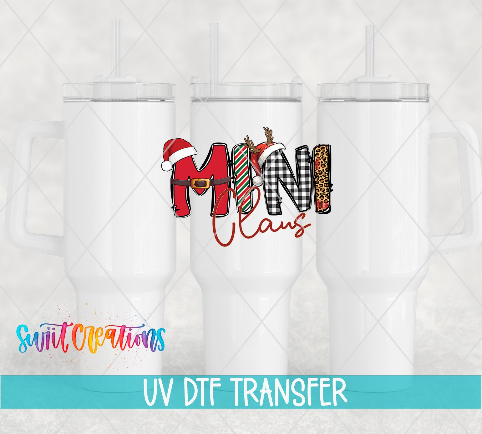 three white tumblers with a colorful and stylized design on them, including a Santa hat and the word "MINI" in a stylized font.