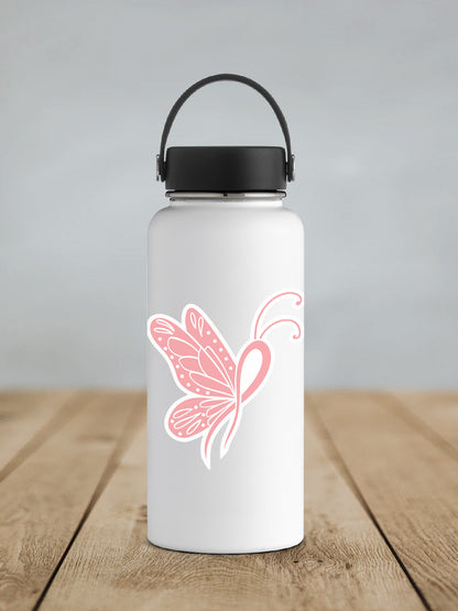 a white water bottle with a pink butterfly on it