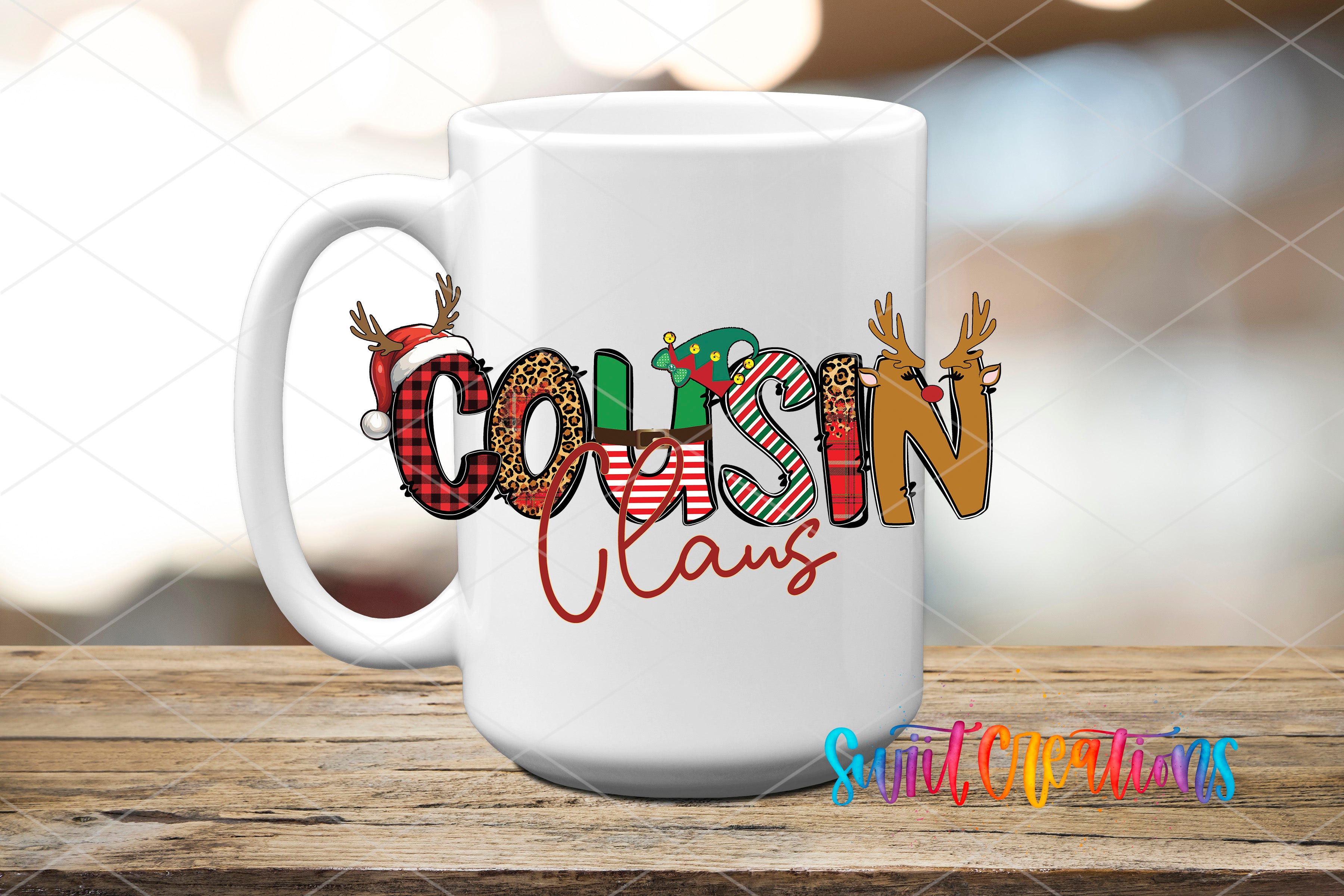 A white ceramic mug with the word "Cousin" written on it in a colorful, stylized font.