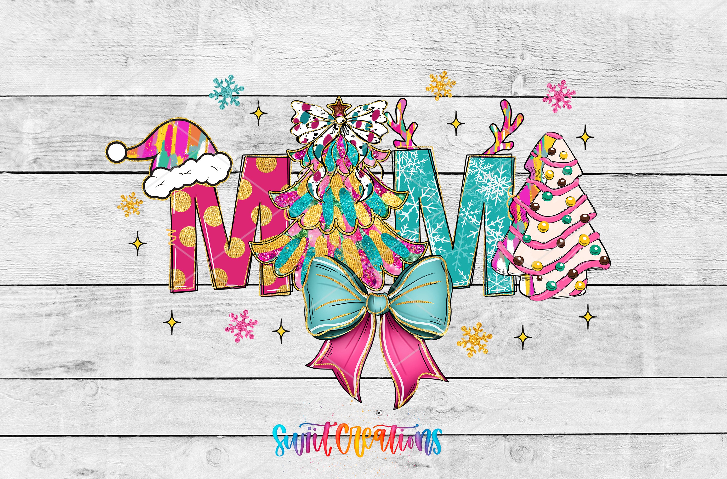 A colorful and whimsical Christmas-themed design featuring the word "MOM" surrounded by various festive elements such as a Santa hat, a tree, snowflakes, and a bow.