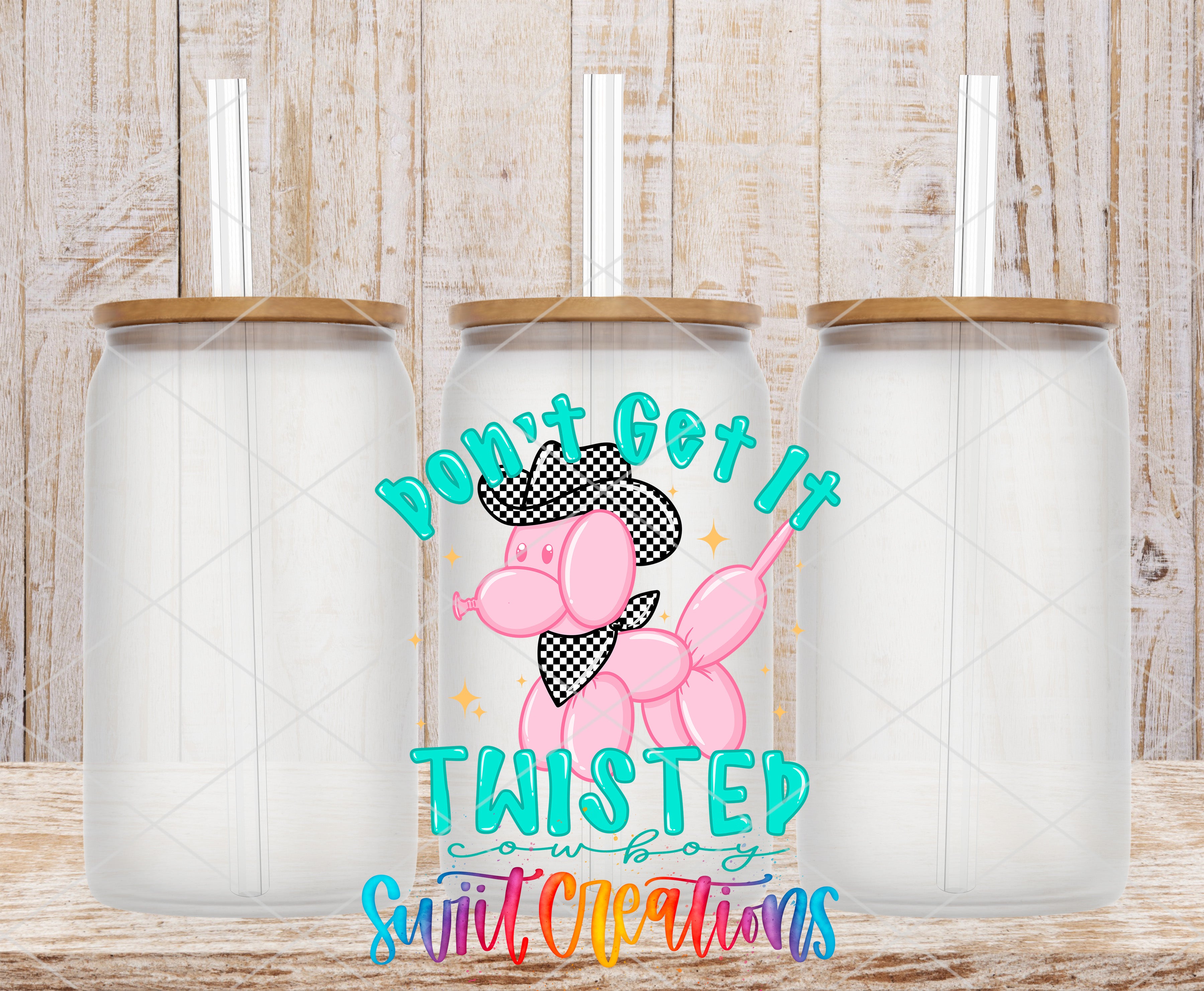 a collage of three empty glass jars with straws, each with a lid, and a colorful graphic design in the center.