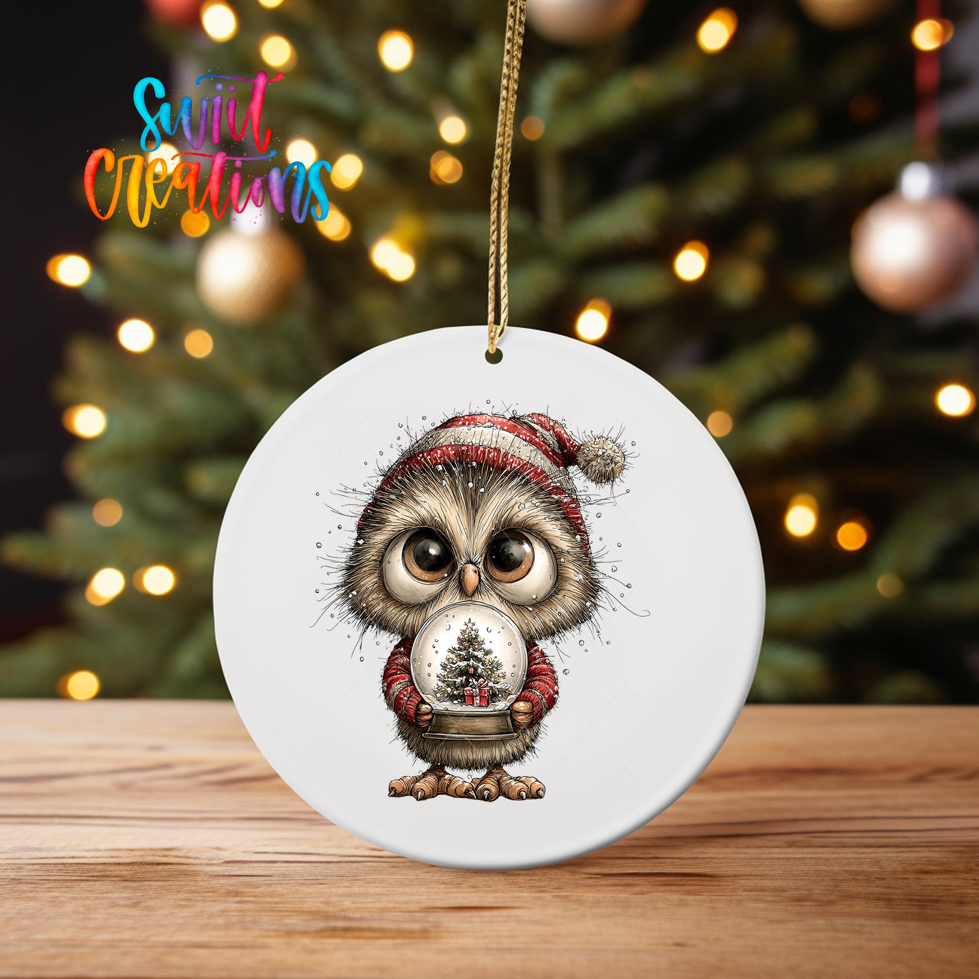 A white ornament featuring a cartoon owl wearing a red and white striped hat, holding a snow globe with a Christmas tree inside.