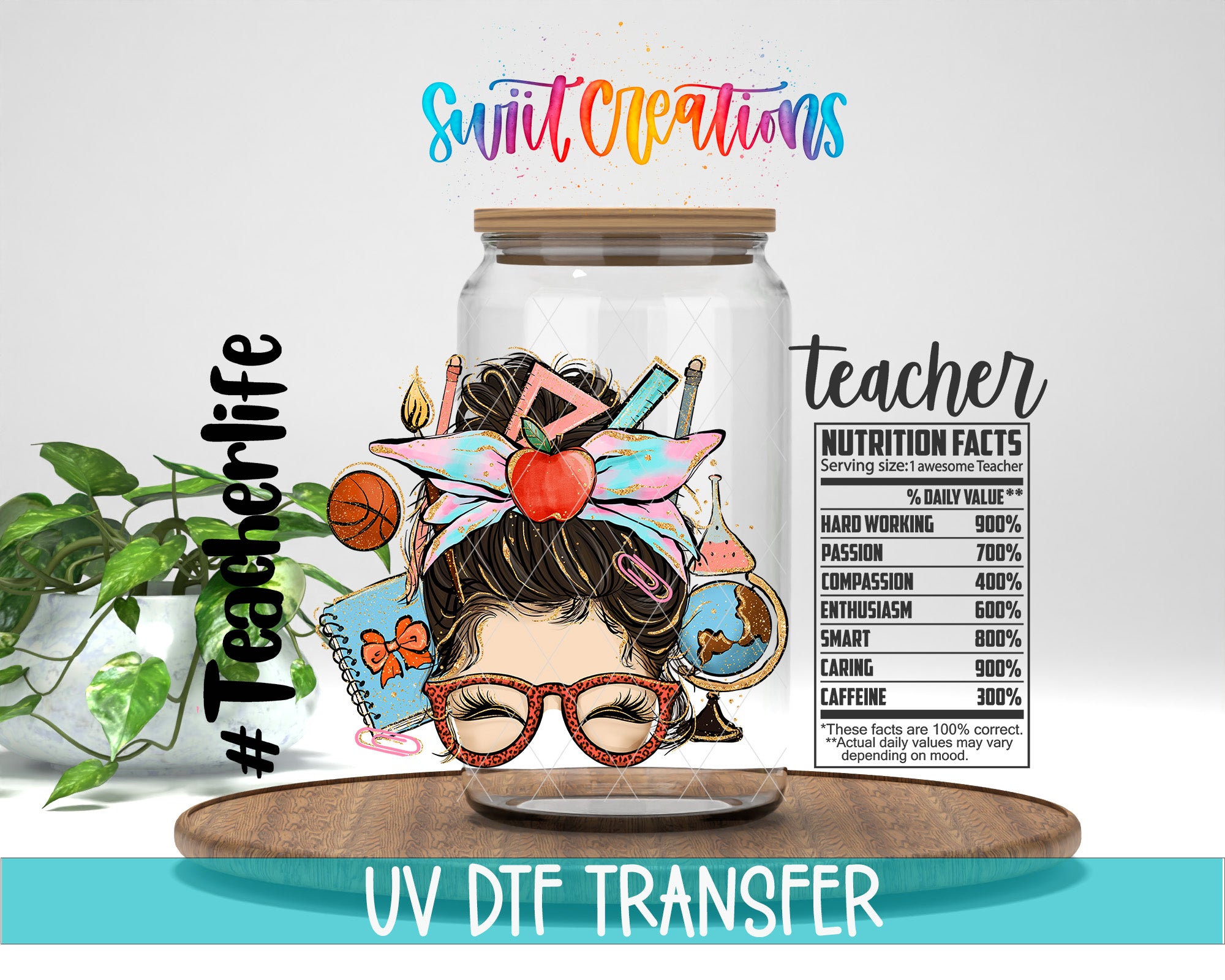 a glass jar with a colorful illustration of a woman's face wearing glasses and a bow in her hair, surrounded by various school supplies and a plant.