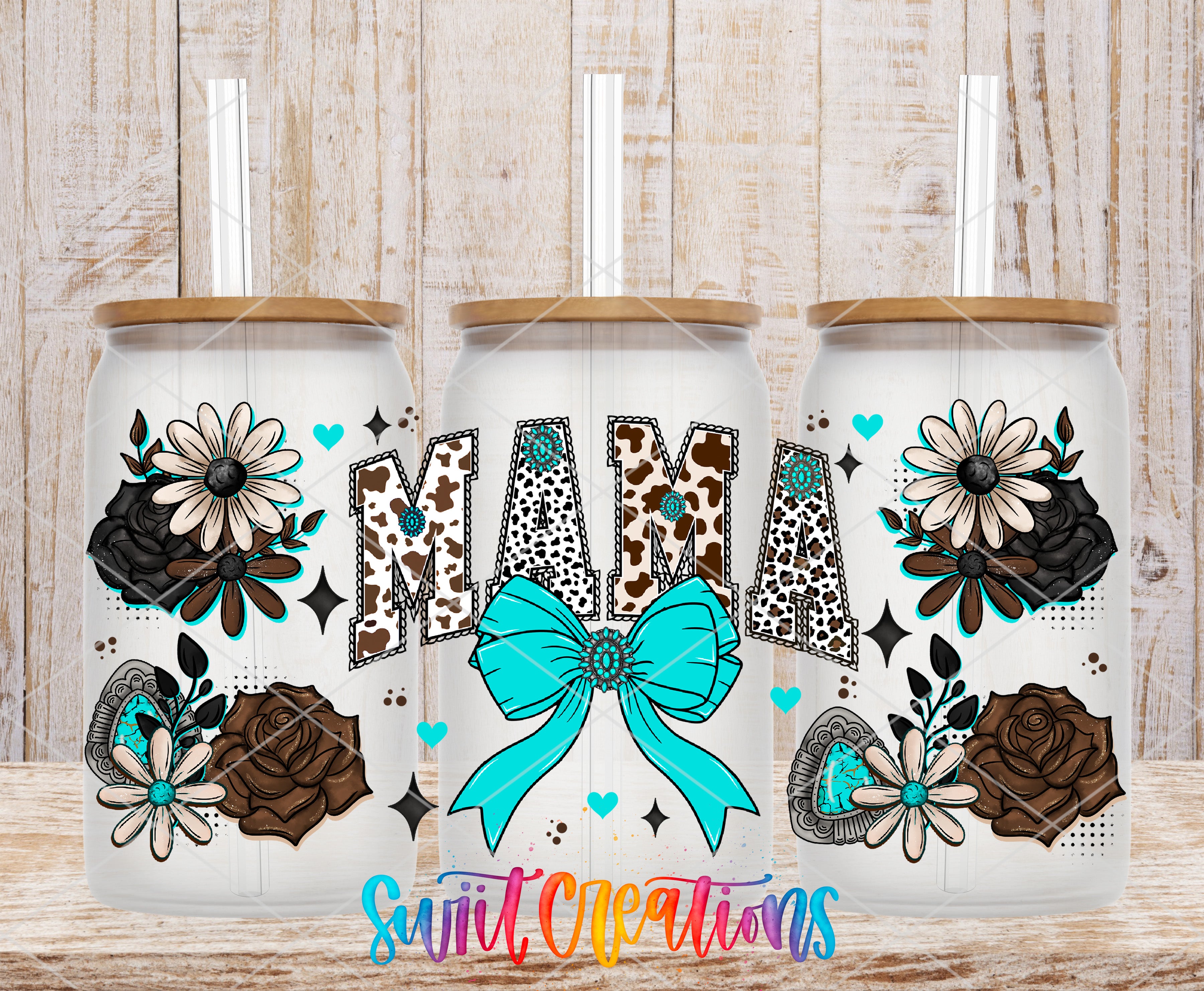three white glass tumblers with floral and animal designs, including a large blue bow and various flowers and animals.