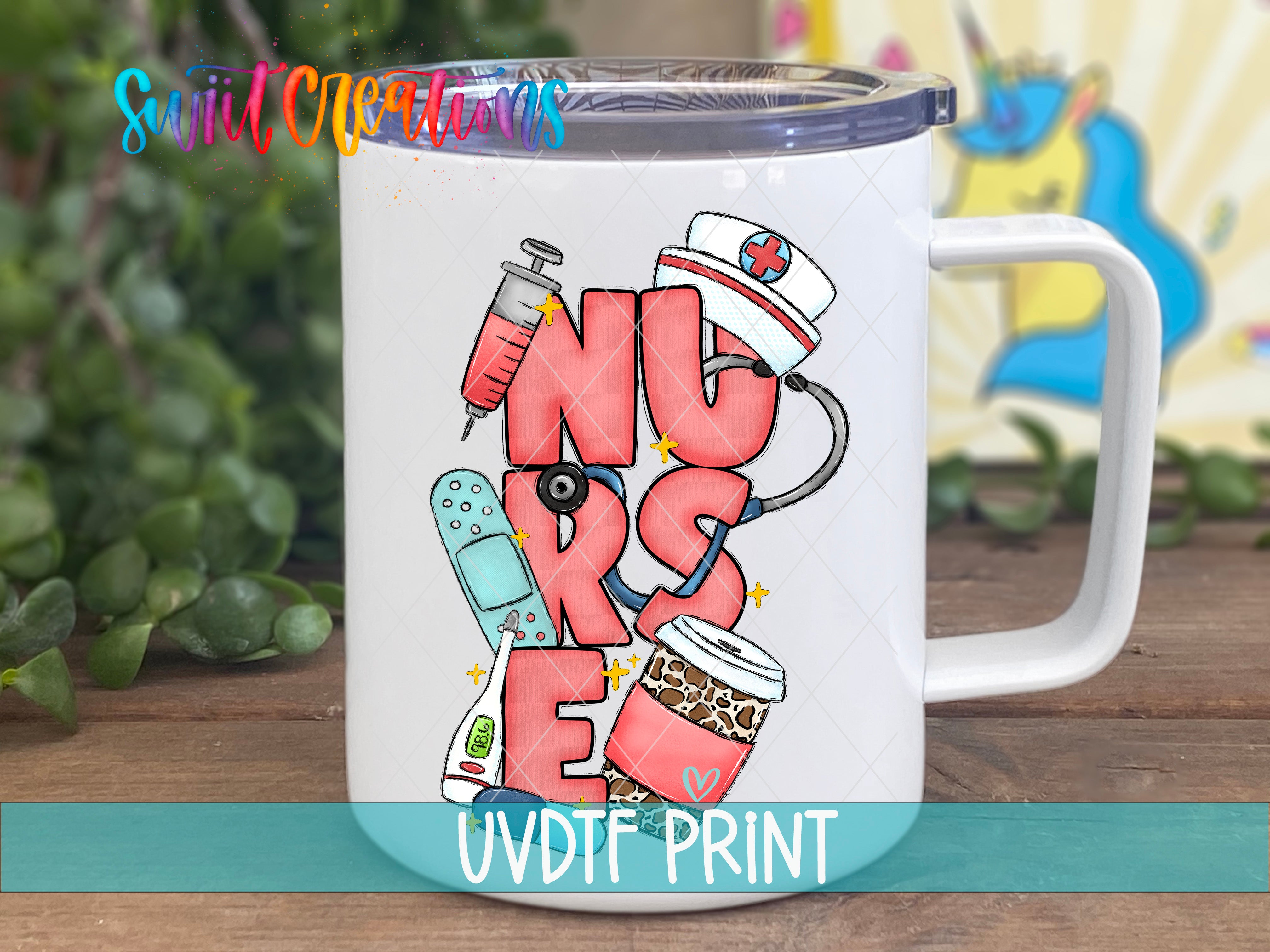 A white mug with a colorful design featuring the word "NURSE" and various medical-related items such as a stethoscope, syringe, bandages, and a coffee cup.