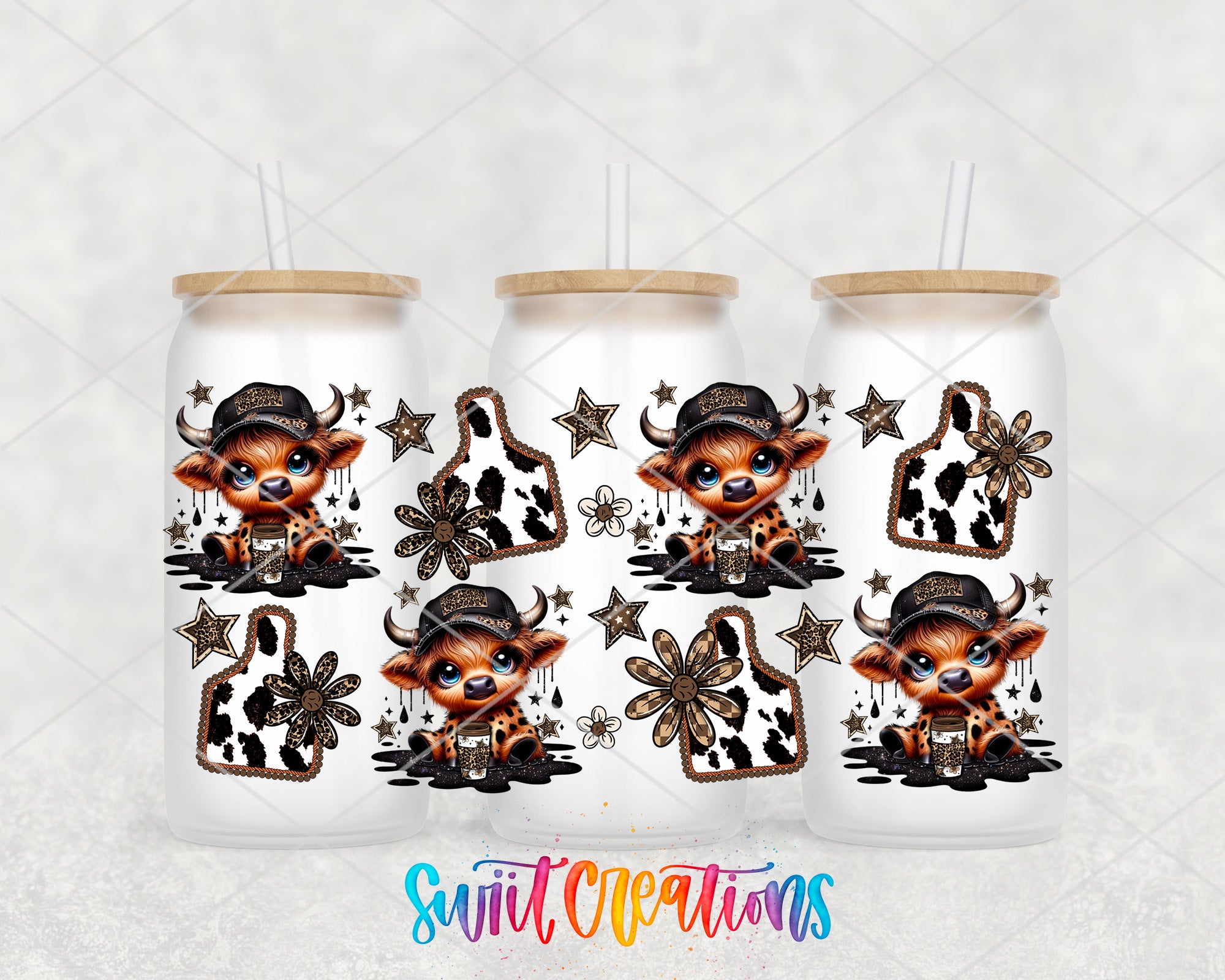 three white tumblers with black and white cow designs and star patterns.