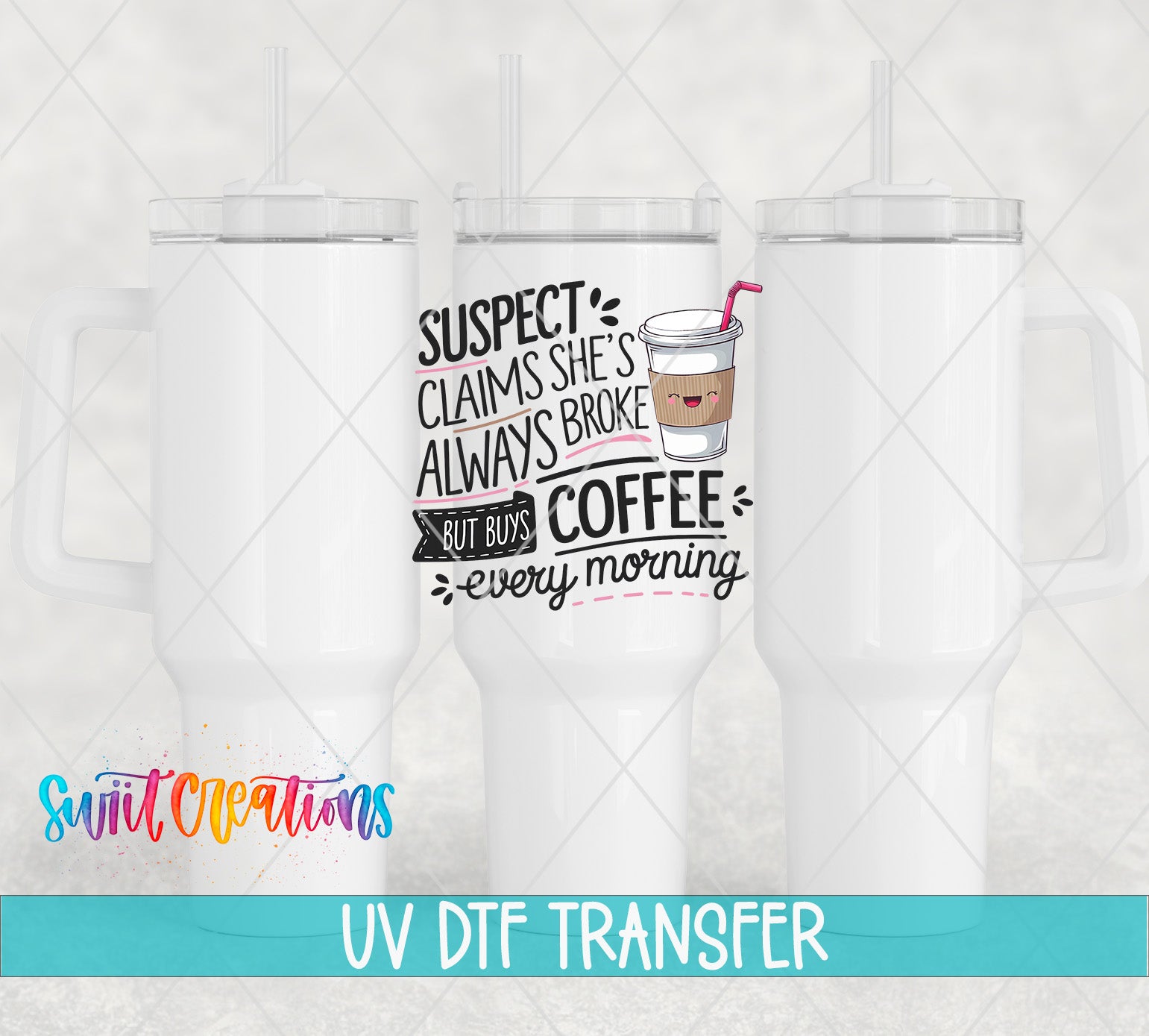 a white ceramic mug with a printed design on it, including text and a coffee cup icon.