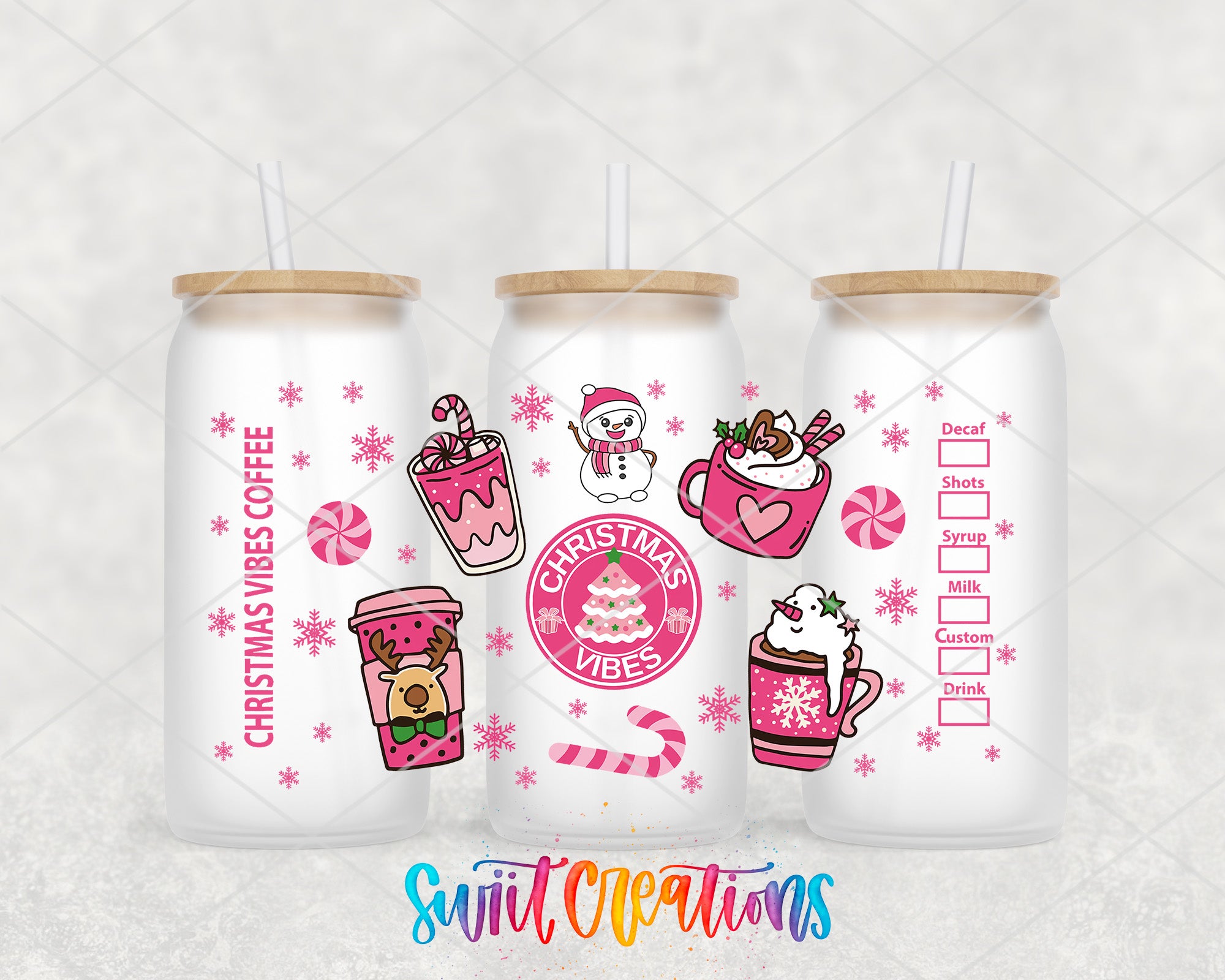 three white tumblers with pink and white Christmas-themed designs and illustrations.