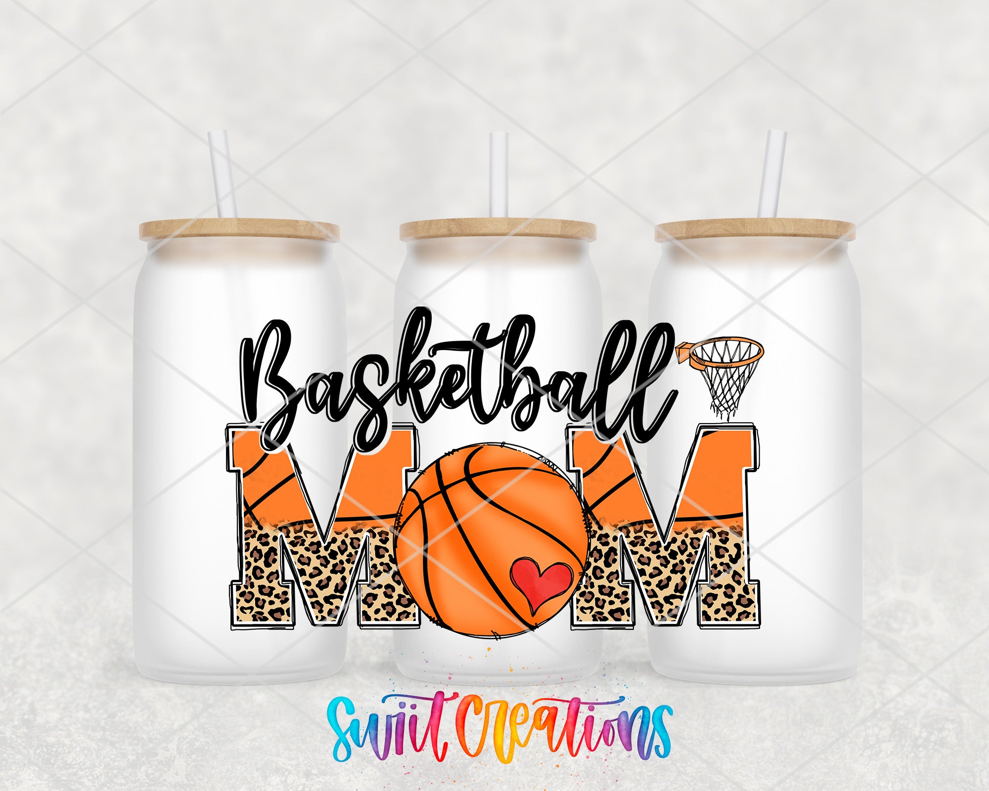 A collage of three white tumblers with basketball-themed designs, including a basketball and the text "Basketball Mom" in a playful and colorful style.