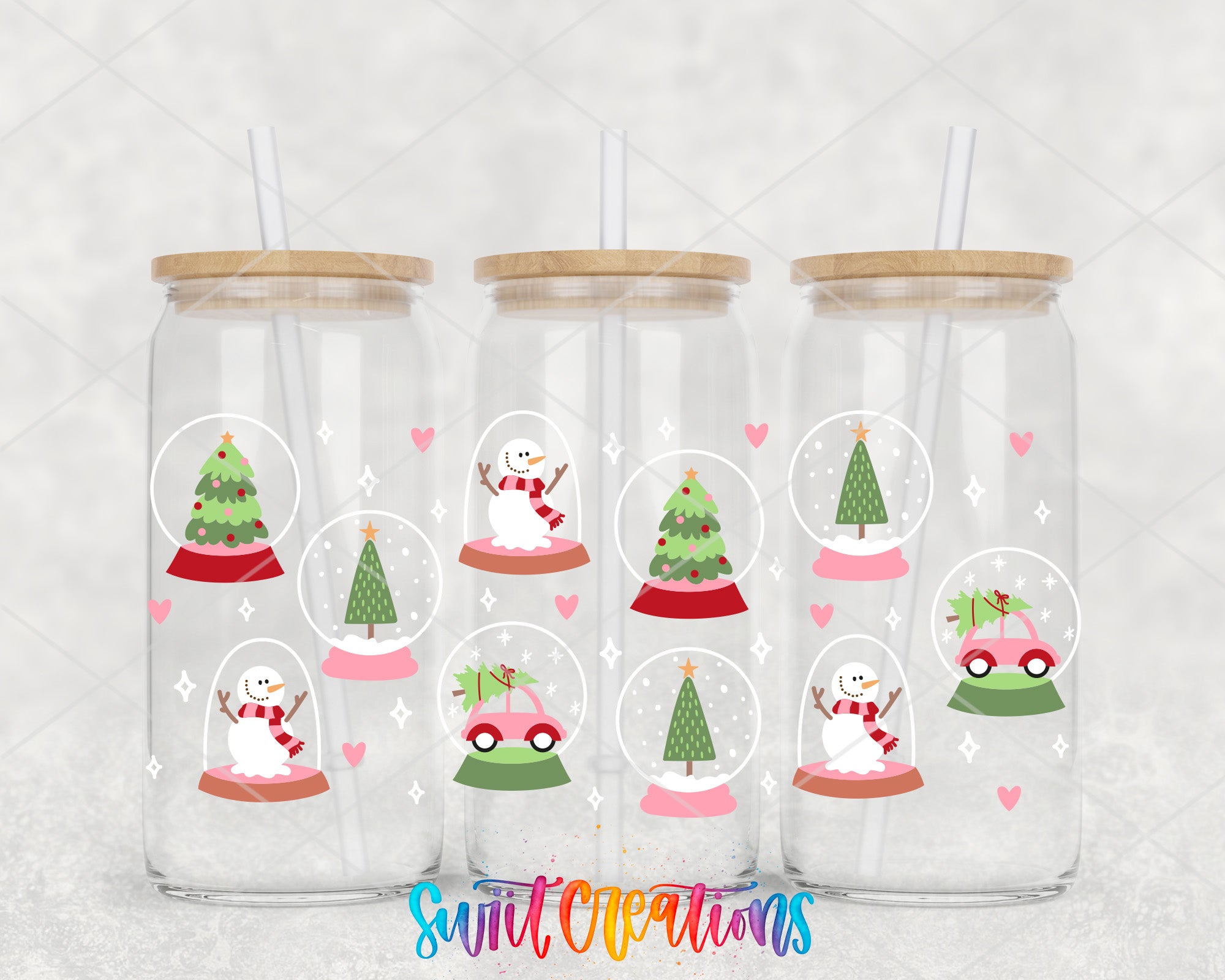 Three glass tumblers with a festive design featuring snowmen, Christmas trees, and cars.