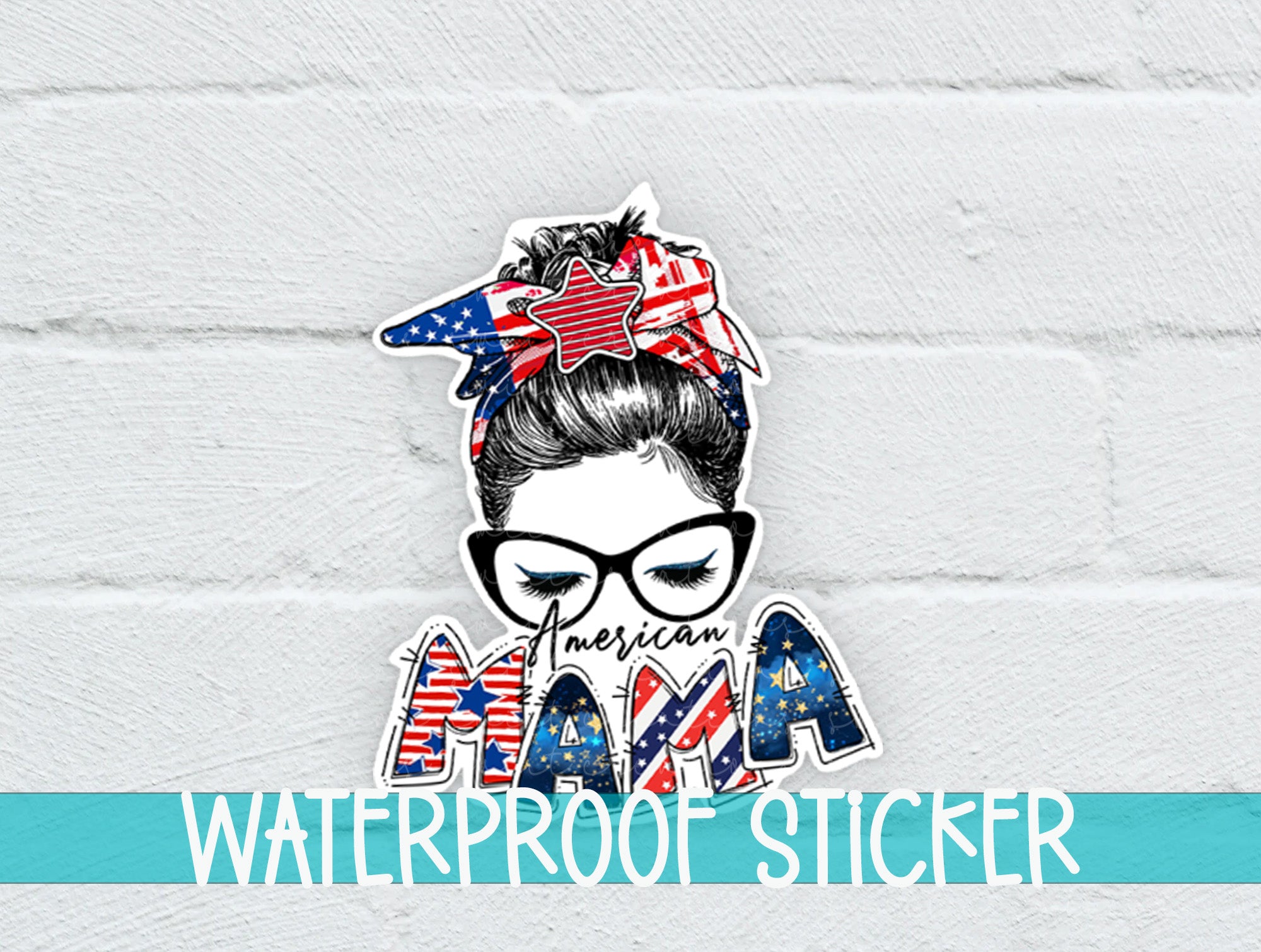 a sticker of a woman with glasses and an american flag on her head