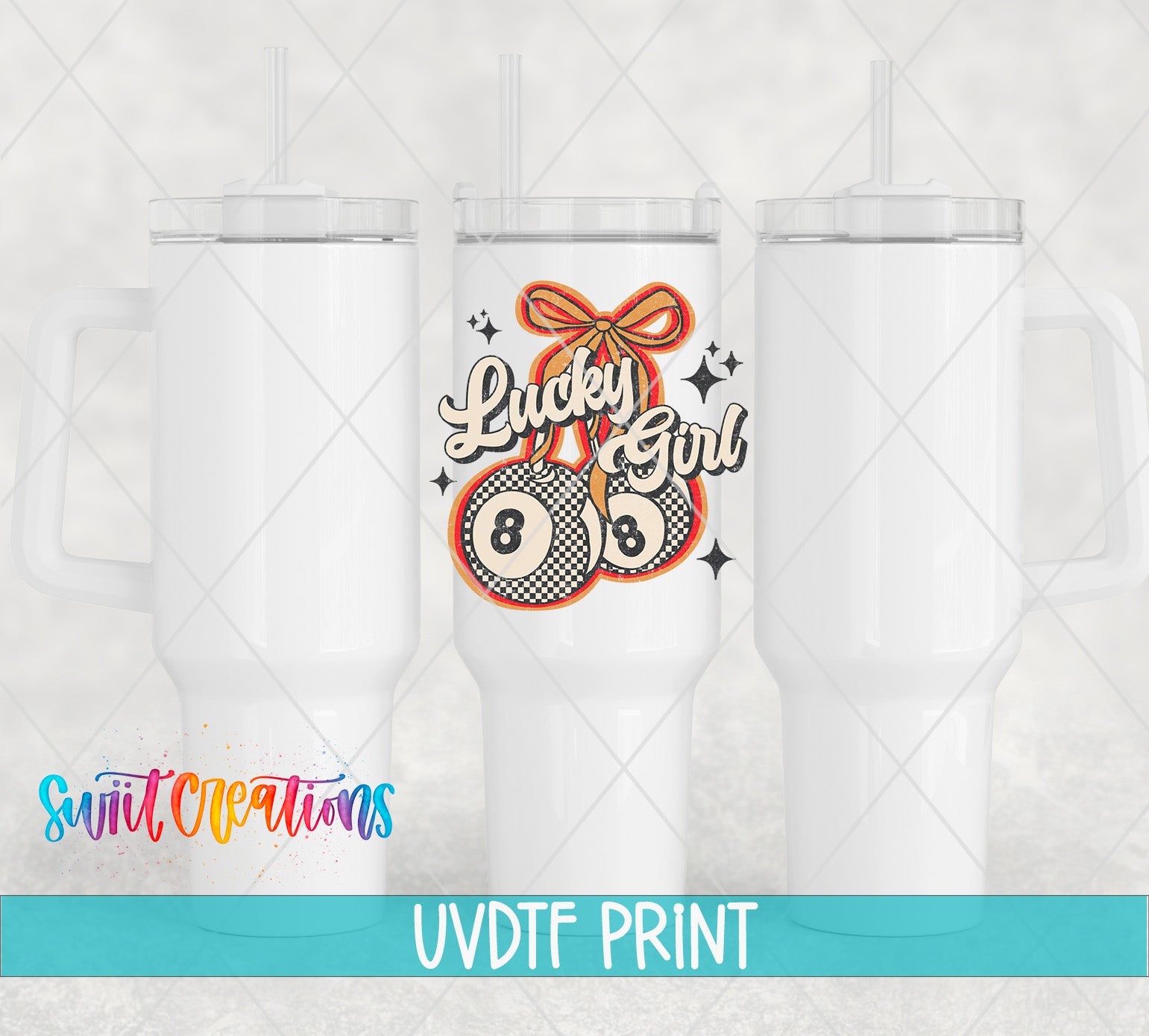 three white tumblers with a printed design on them, including a pool table and the text "Lucky Girl 8".