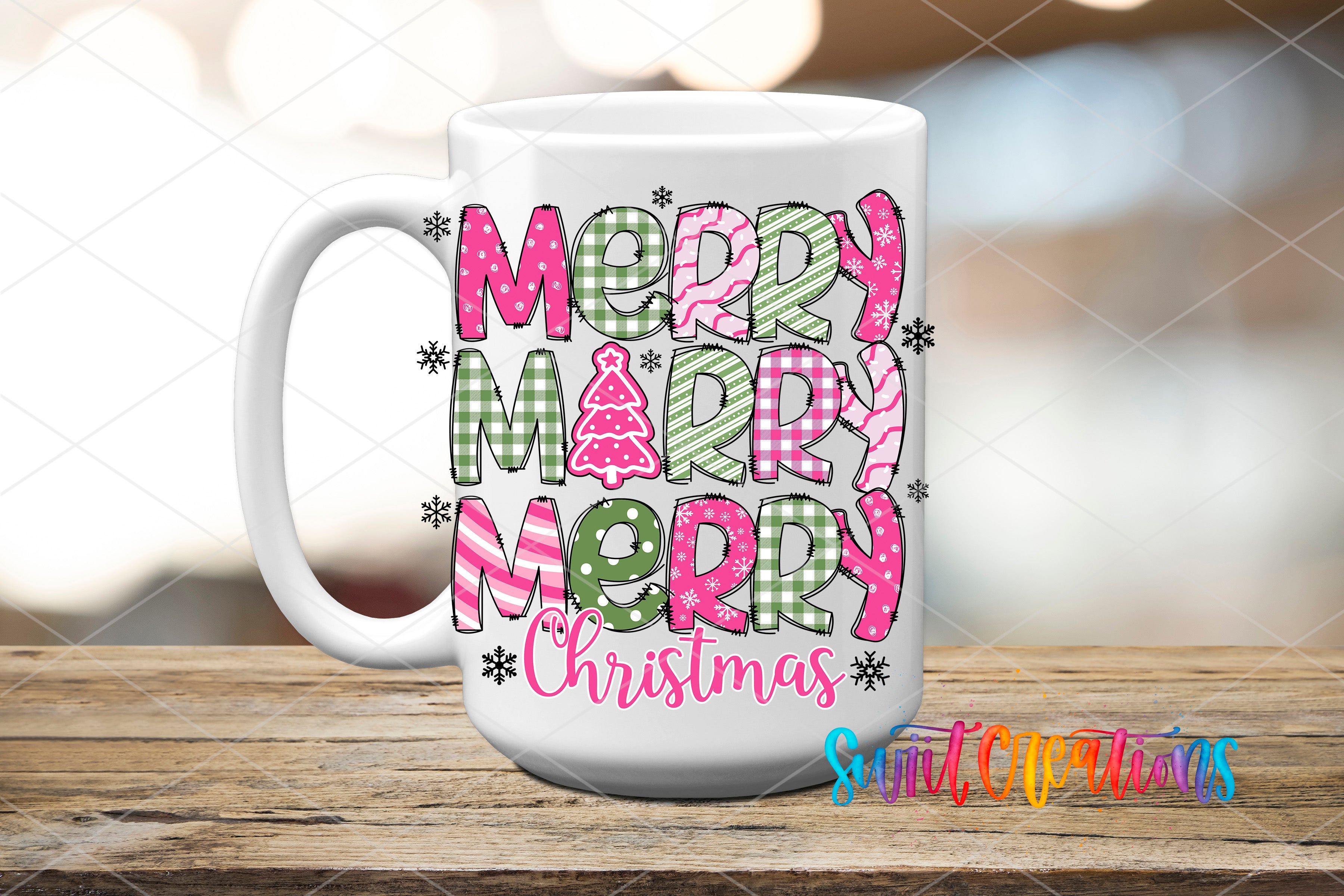 A white mug with the text "MERRY MERRY MERRY CHRISTMAS" printed on it, along with various Christmas-themed graphics and decorations.