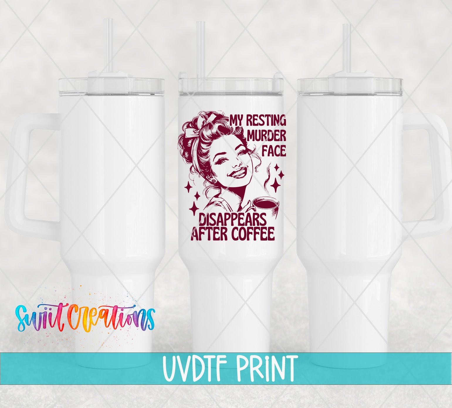 a white ceramic mug with a maroon design that includes text and a portrait of a woman.